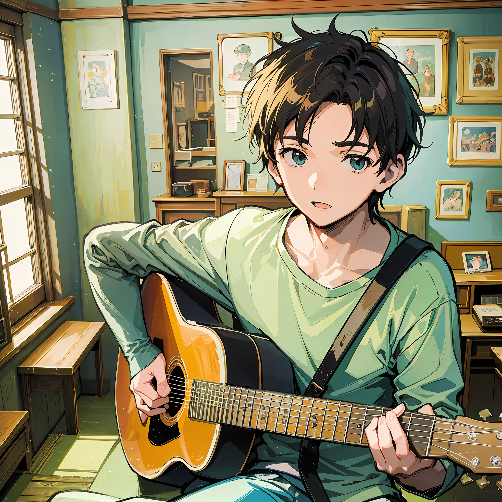 20-year-old boy playing his guitar in an old cartoon-style room from Ghibli Studios --auto --s2