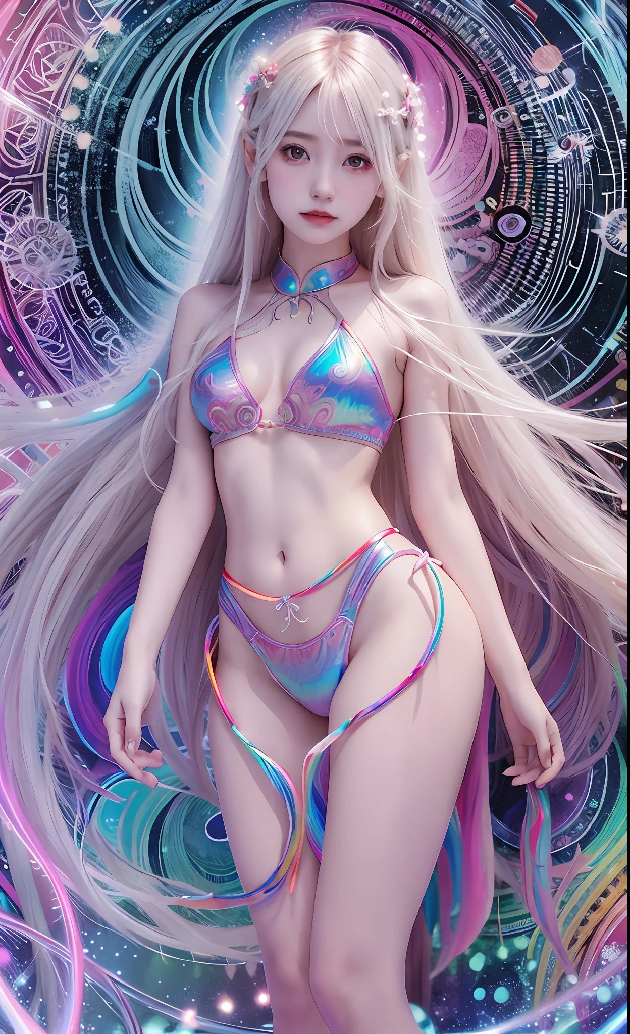 Masterpiece, Best Quality, Girls, Slender, Rainbow Color Eyes, Hair Color, Iridescent, Long Hair Spreading, White Skin, Medium, Pretty, Sexy, Halo, Near Future, Bikini, Skin Exposed, Night, Psychedelic, Trip, Extreme Color, Paisley, Highly Colored, Mandala Theme, Open Legs, Eye Shadow, False Lashes, Blushing, Mechanical Left Arm, Smile, Full Body