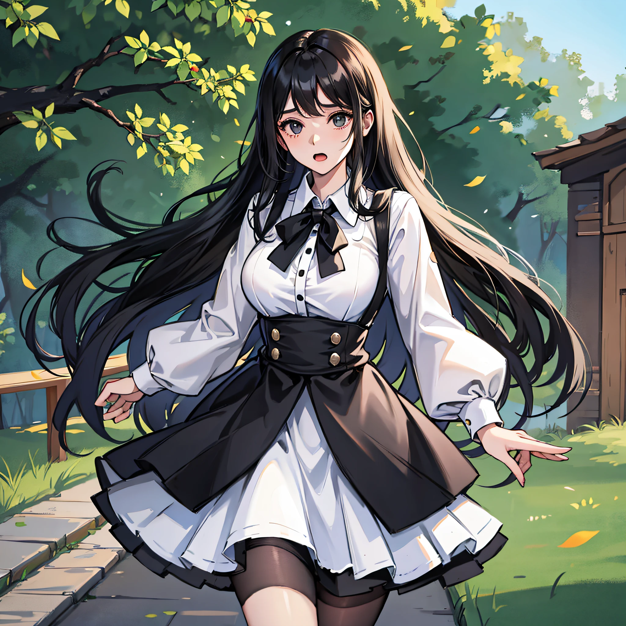 1 woman, long black hair, white skirt, community, surprised expression