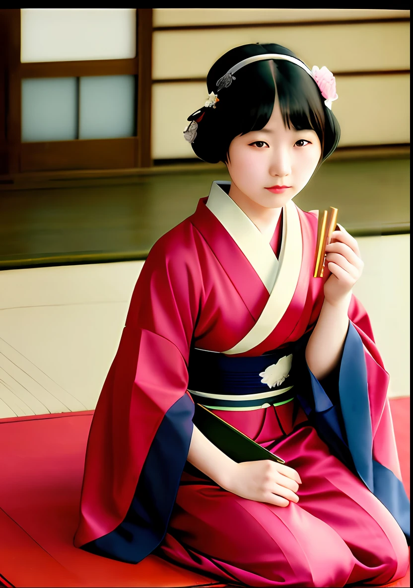 arafed woman in a kimono sitting on the floor with a fan, 1920s geisha, japanese woman, skilled geisha of the japanese, by Tosa Mitsunobu, traditional japanese, japanese geisha, traditional geisha clothing, late meiji period, by Sawa Sekkyō, vintage color photo