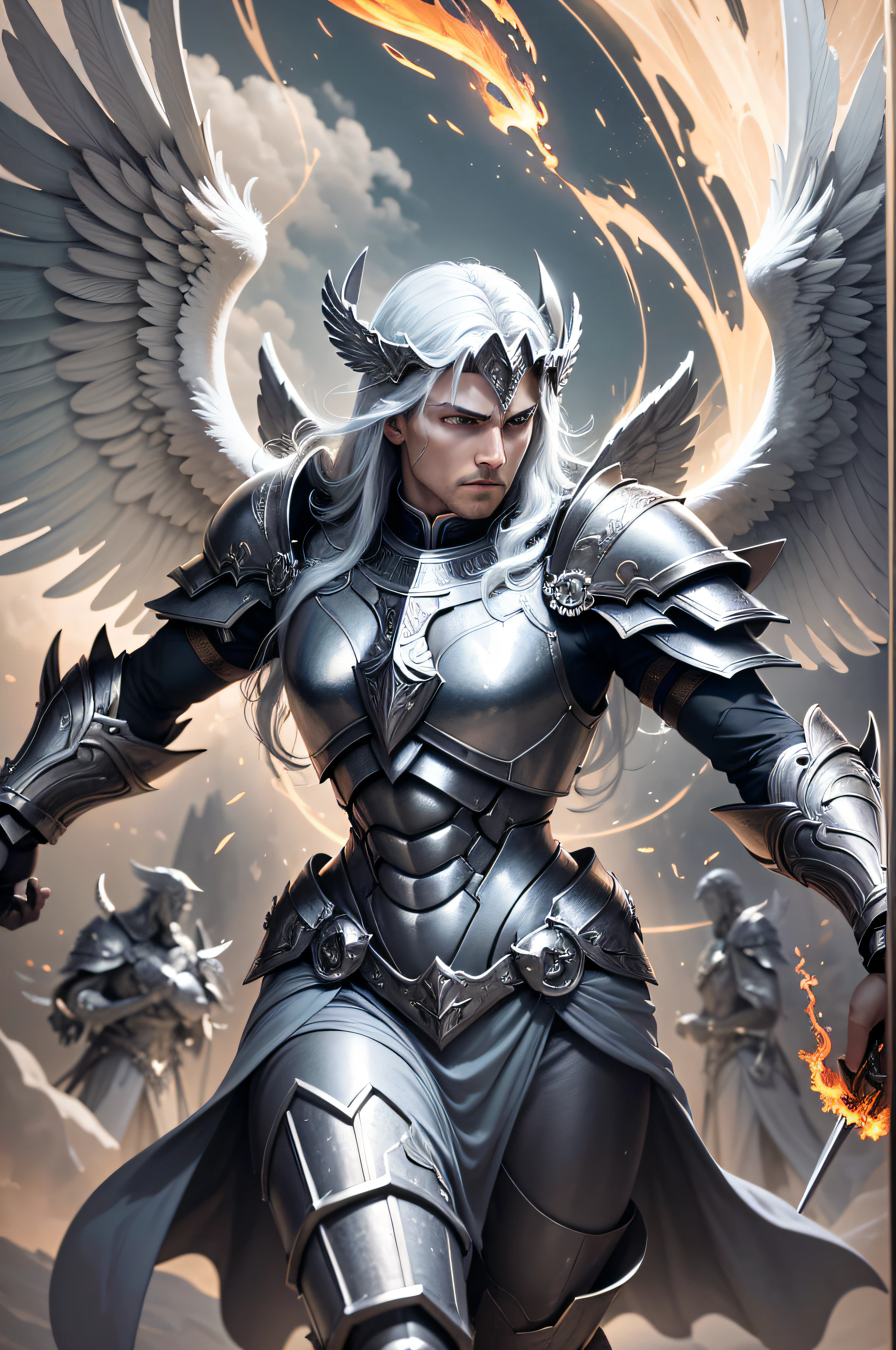 Create an image of an archangel with four large wings who is leading an army of angels to fight the forces of evil in an epic battle. He has a flaming sword in one hand and a shield in the other, and his face is determined and courageous. UHD, high details, super detail, best quality, 8k --auto --s2