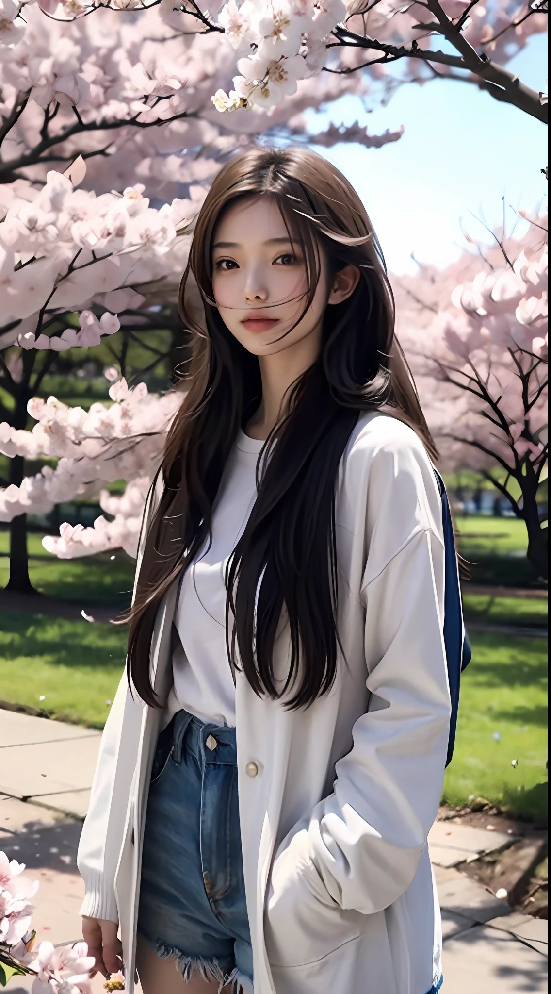 A girl, on campus, cherry blossoms bloom