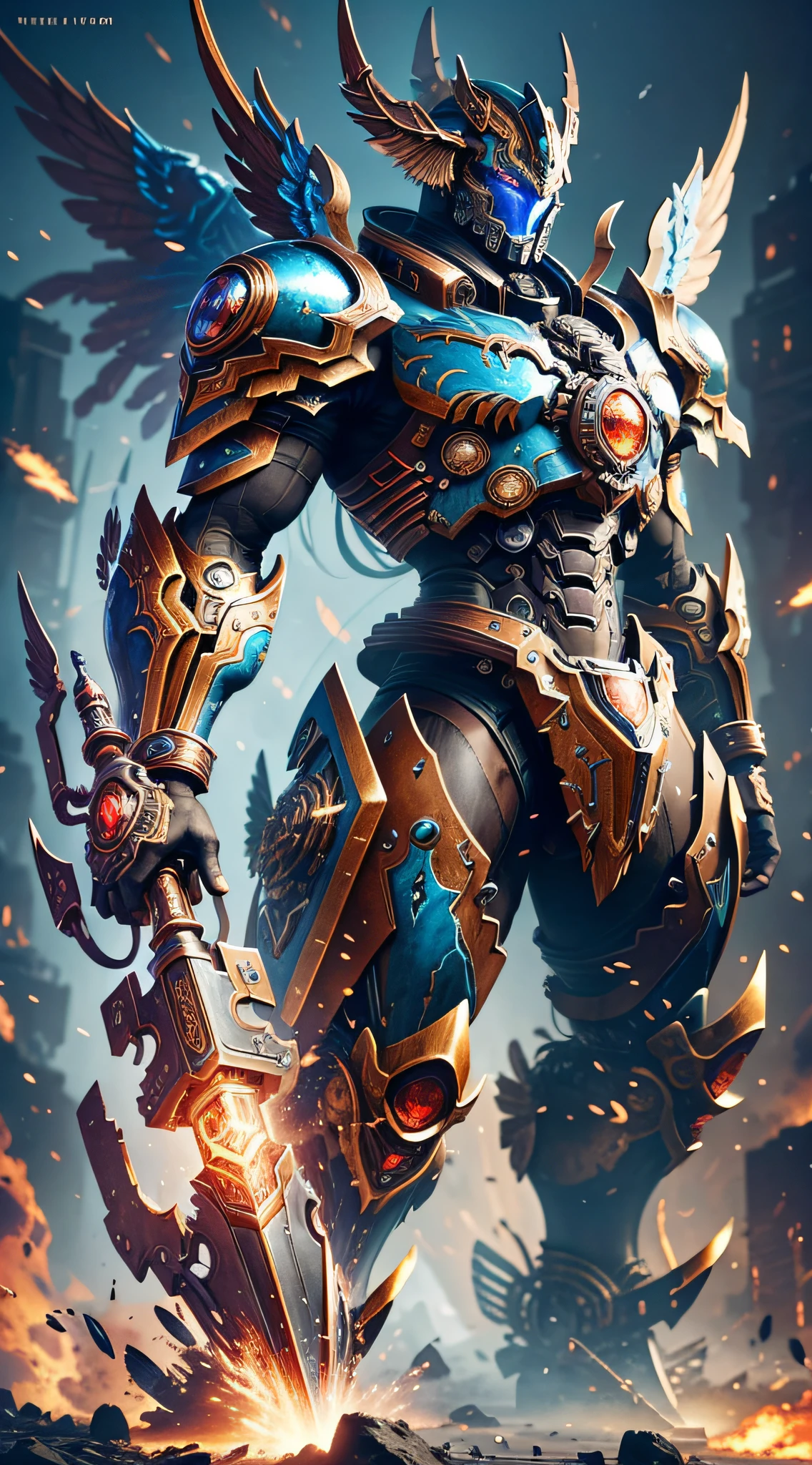Steampunk style, cold colors, cinematic effects, futuristic sci-fi giant mecha God of War, mecha with dragon pattern on top, wings with metallic texture on the back, wings are feathers, strong layering, holding red giant tomahawk, tomahawk particle light, tomahawk particle special effects, aesthetic, scattered, battle posture, battle posture display, super details, face face exquisite details, clear contours, facial close-up, perfect details, 8K, top painting, feature article, studio environment, concept art, epic composition, With HD detail, metallic texture and tension composition, hyper-realistic, ultra-realistic, rich in detail, 3D. C4D,