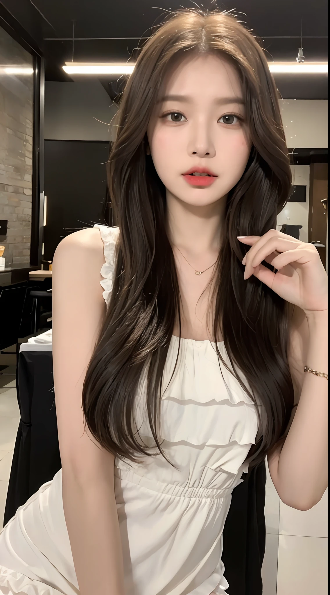 ((Best Quality, 8K, Masterpiece: 1.3)), Focus: 1.2, Perfect Body Beauty: 1.4, Buttocks: 1.2, Long Legs, ((Layered Haircut: 1.2)), (Ranch: 1.3), Highly Detailed Face and Skin Texture, Full Body, Delicate Eyes, Double Eyelids, Whitened Skin, Long Hair, (Round Face: 1.5), (Dress: 1.3)