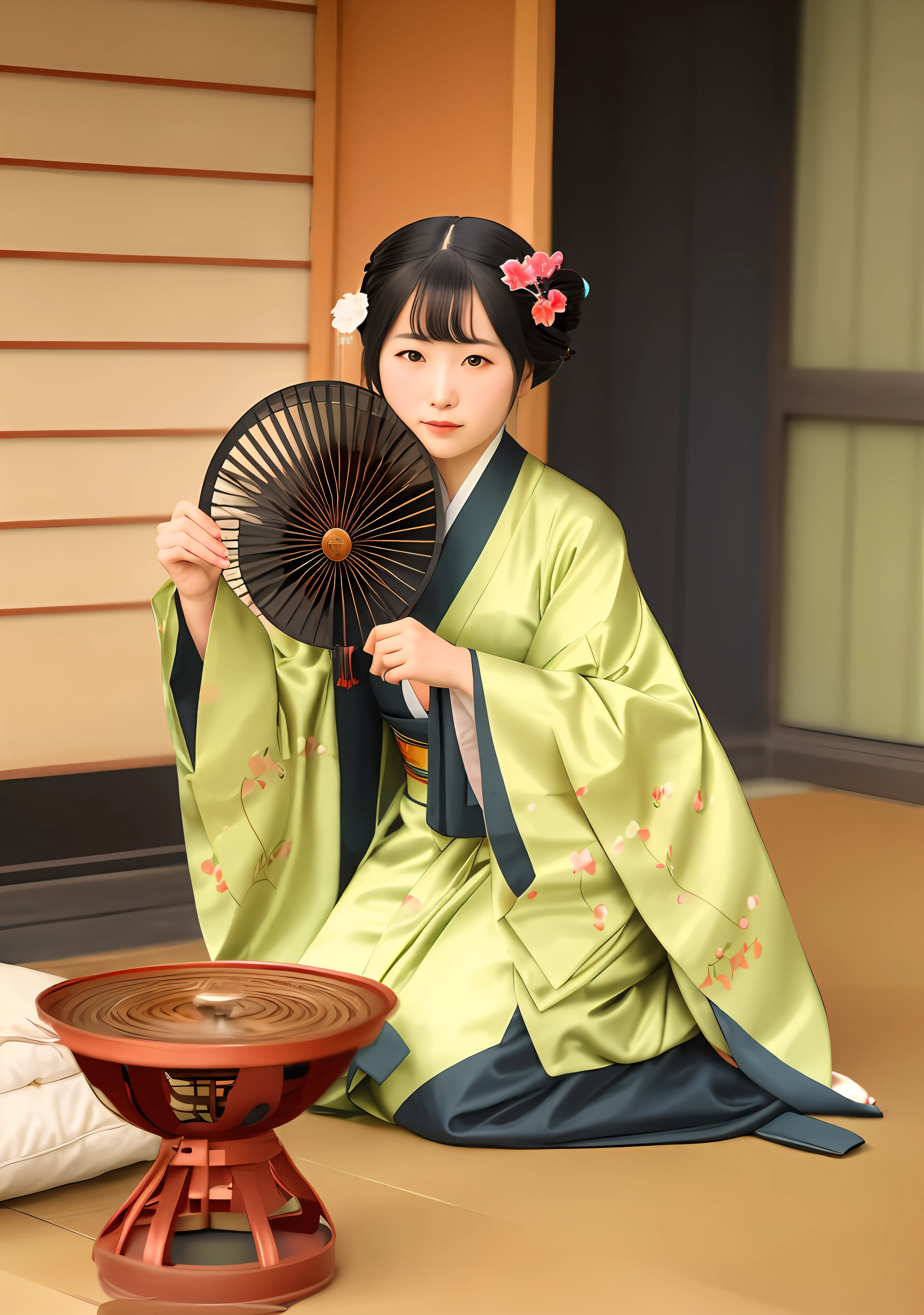 arafed woman in a kimono sitting on the floor with a fan, 1920s geisha, japanese woman, skilled geisha of the japanese, by Tosa Mitsunobu, traditional japanese, japanese geisha, traditional geisha clothing, late meiji period, by Sawa Sekkyō, vintage color photo