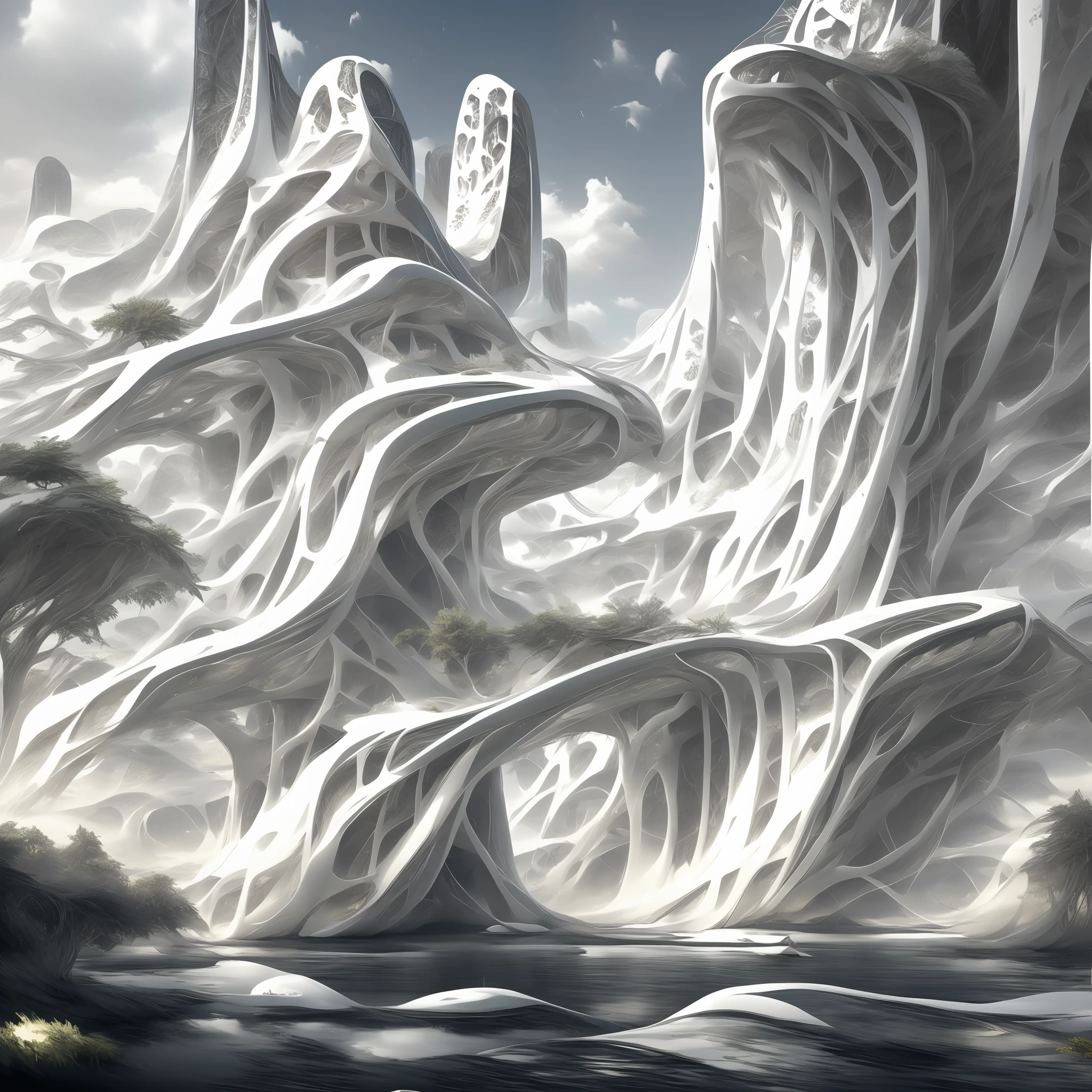 Airbrush drawing --v 5.1 style Futuristic design of an awesome sunny day environment concept art on a futuristic terrain with huge waterfalls,streams, mangroves,nature architecture, proportional,detailed,bright clouds, nature meets futuristic architecture by Santiago Calatrava and Vincent Callebaut with futuristic development, high rise made up staircases, balconies, full of composite glass facades, residential spaces carved from cliff side ,trending on artstation, beautiful lighting,In the style , fantasy, intricate, award winning, 4k, highest quality