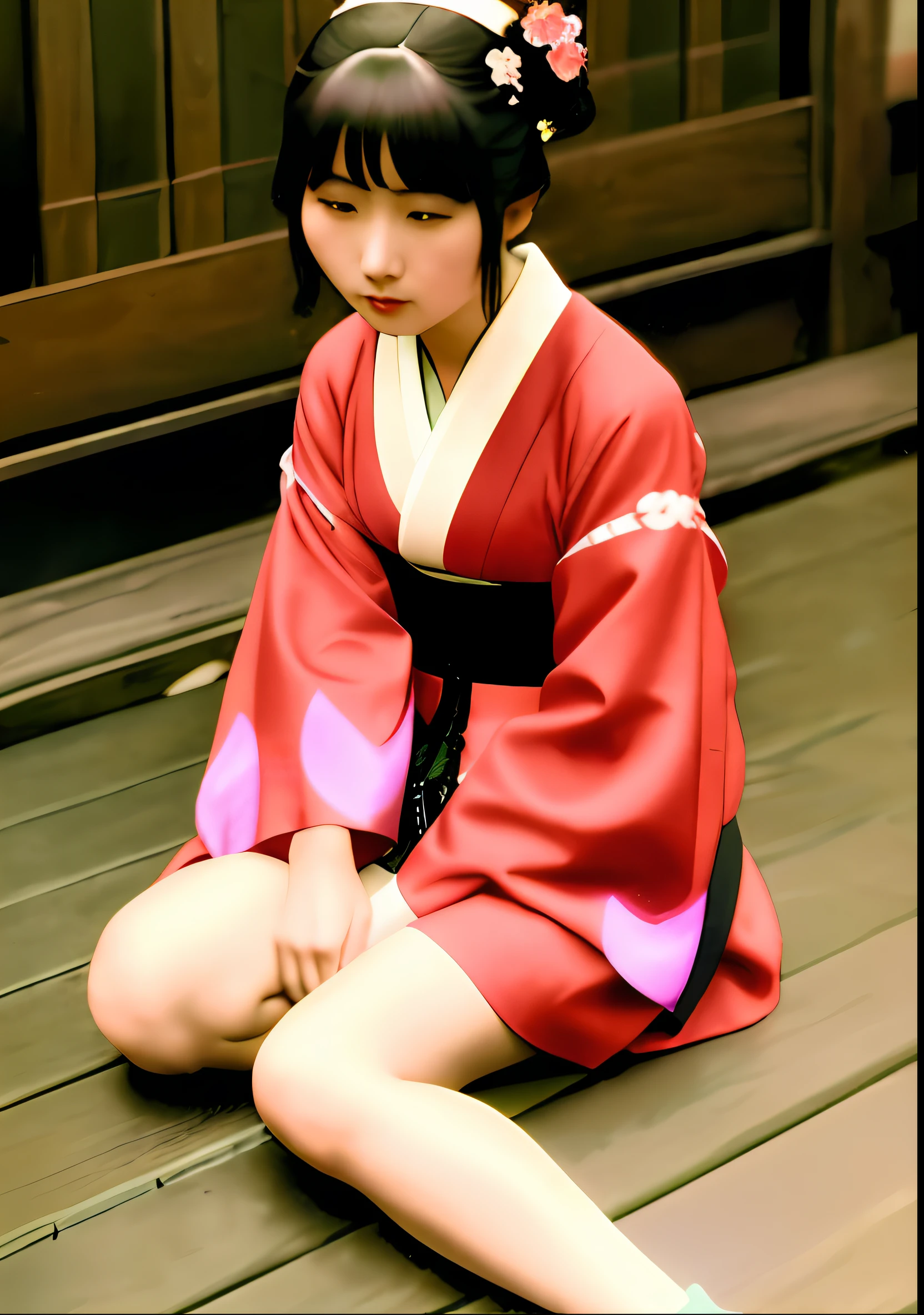 arafed woman in a kimono sitting on the floor with a fan, 1920s geisha, japanese woman, skilled geisha of the japanese, by Tosa Mitsunobu, traditional japanese, japanese geisha, traditional geisha clothing, late meiji period, by Sawa Sekkyō, vintage color photo
