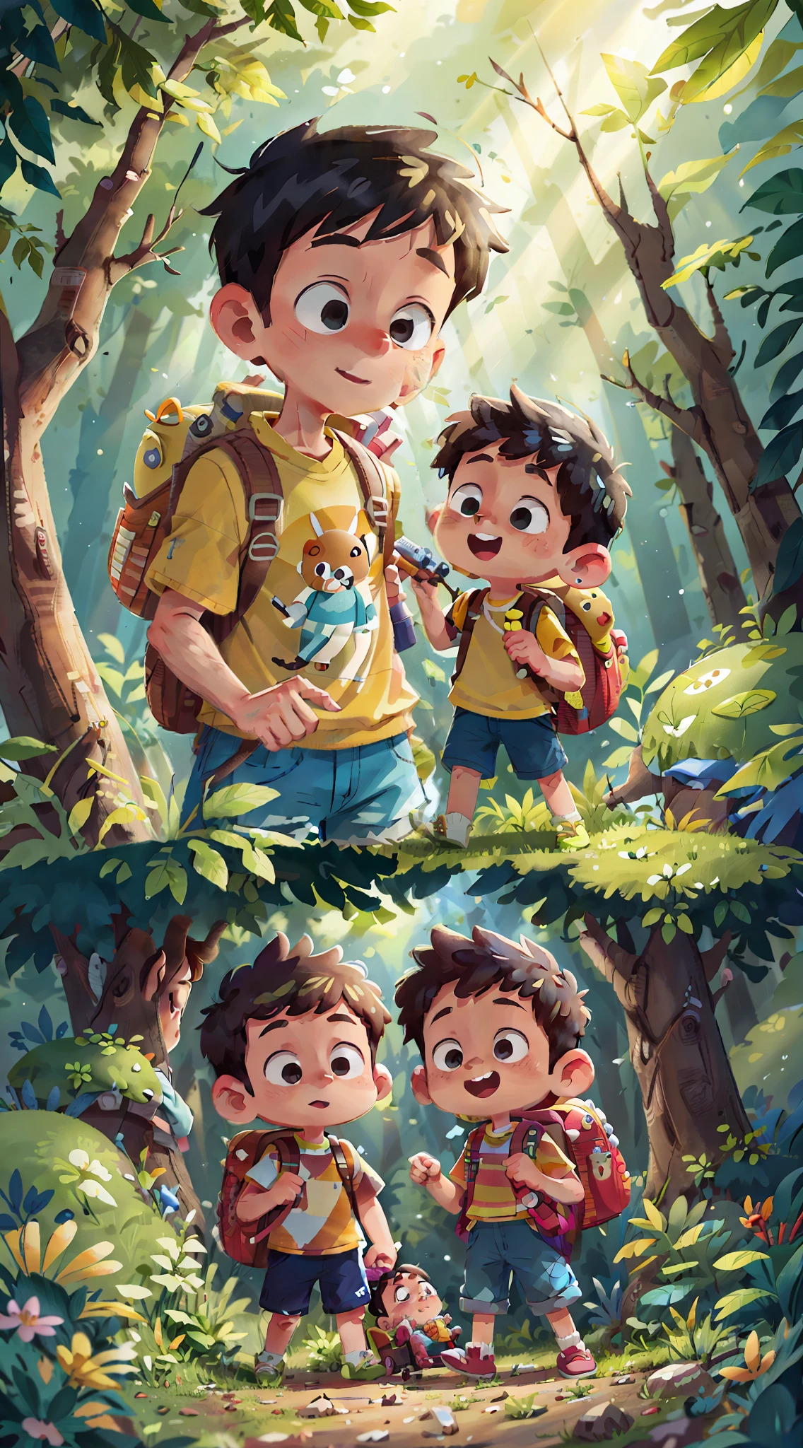 (SFW), two boys playing in stroller, spring out, happy, backpack on back, toy cart in hand, forest in background, perfect quality, clear focus, colorful, perfect face, intricate details, ultra-low viewing angle, wide-angle lens