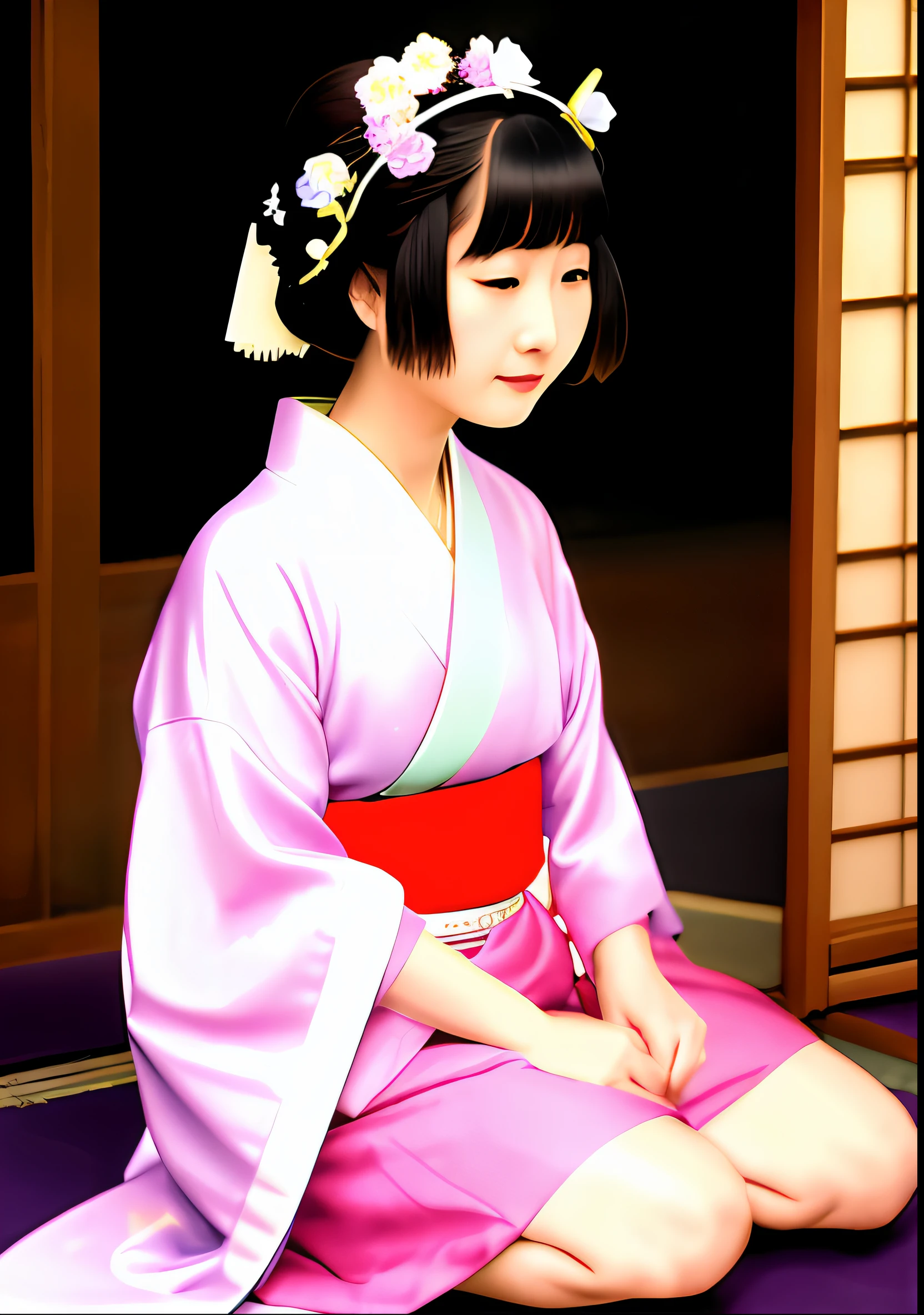 arafed woman in a kimono sitting on the floor with a fan, 1920s geisha, japanese woman, skilled geisha of the japanese, by Tosa Mitsunobu, traditional japanese, japanese geisha, traditional geisha clothing, late meiji period, by Sawa Sekkyō, vintage color photo