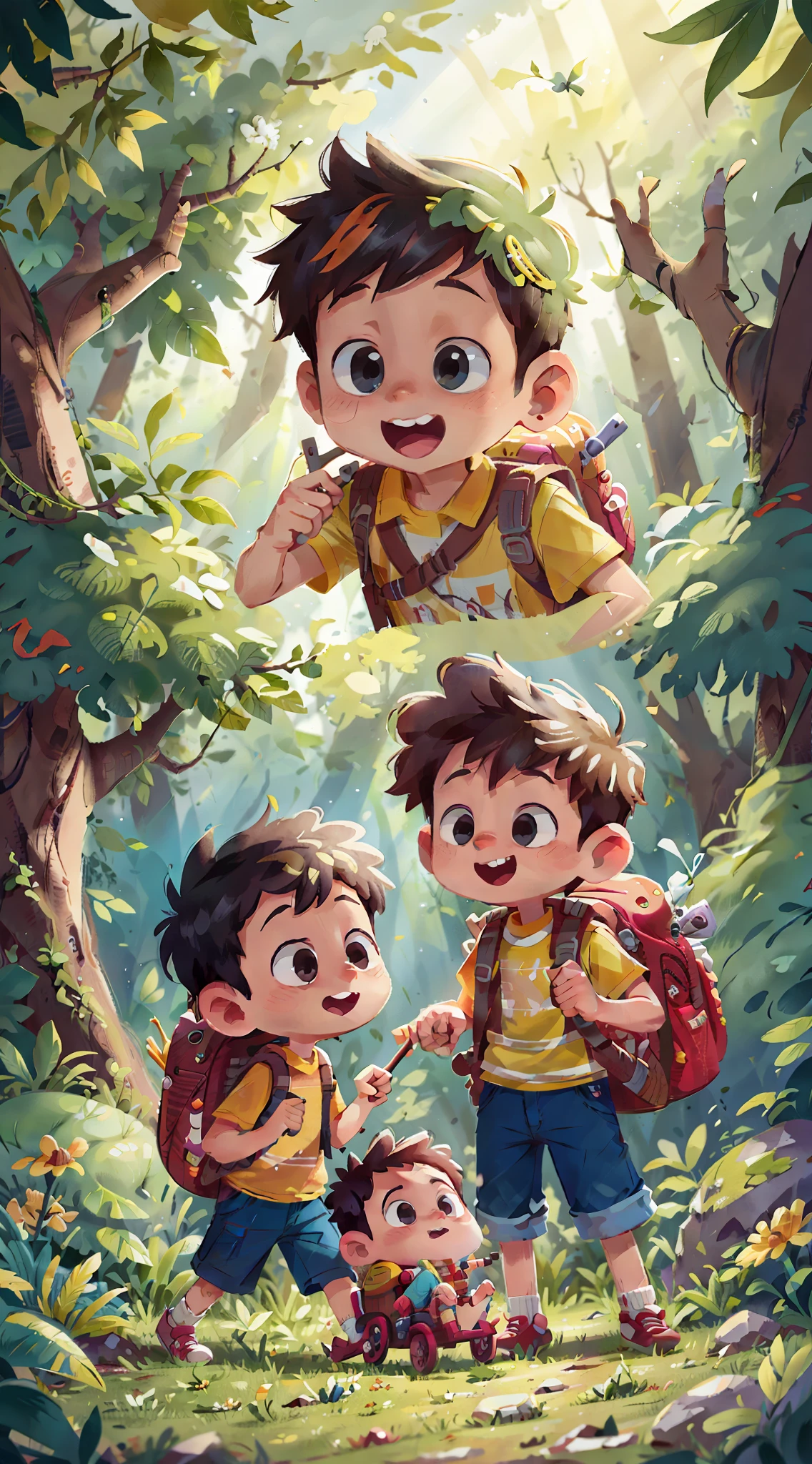 (SFW), two boys playing in stroller, spring out, happy, backpack on back, toy cart in hand, forest in background, perfect quality, clear focus, colorful, perfect face, intricate details, ultra-low viewing angle, wide-angle lens