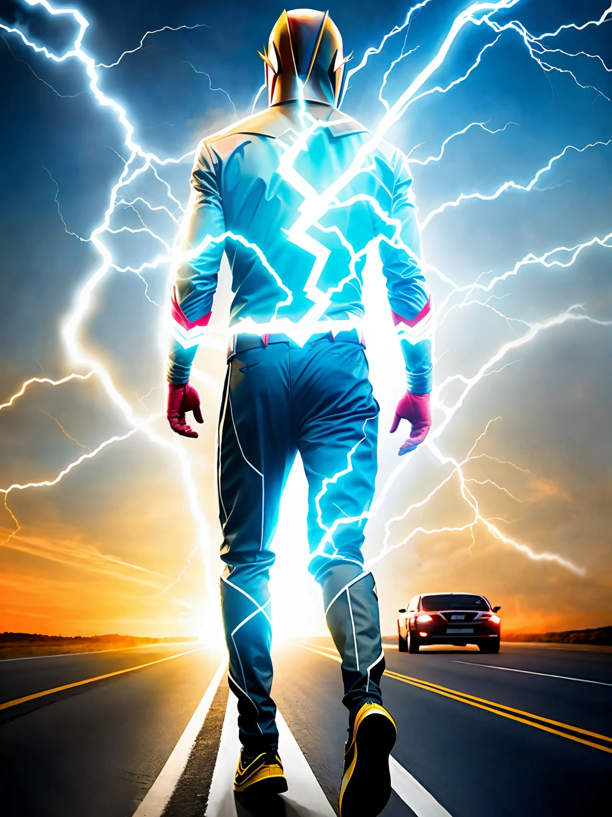 The flash, Dc, series, full body, with a white suit, Running on a road, With a blue lightning bolt sticking out of his back