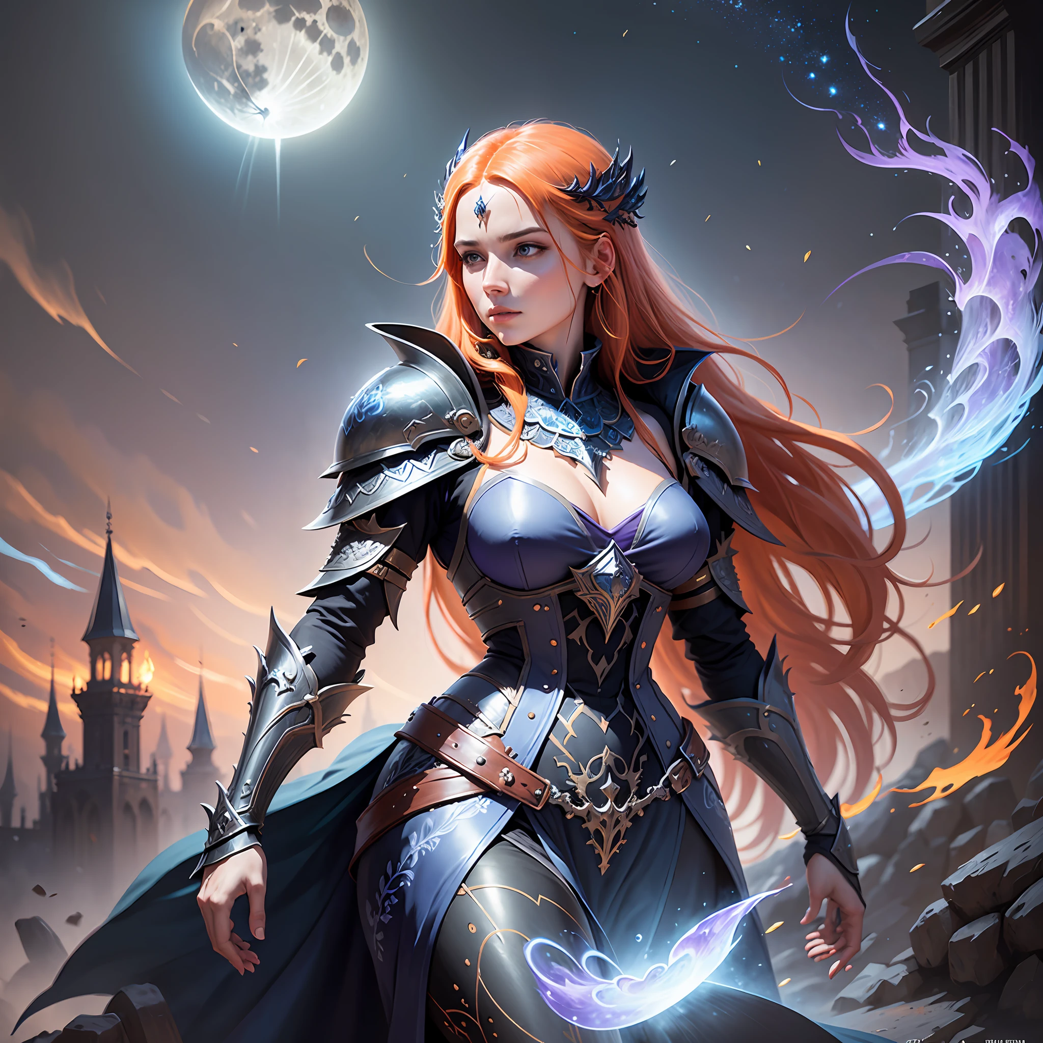 a beautiful woman knight, long orange hair, wearing medieval black armor, surrounded by a mystical aura, Tolkien vibes, intricate details, digital painting, artstation, concept art, smooth, sharp focus, illustration, Unreal Engine 5, 8K, art by greg rutkowski, Alan Lee, John Howe, and Ted Nasmith, and the mystical aura around @Me is made up of blue and purple hues, giving the impression of a powerful magical presence. The outfit is highly detailed, with intricate engravings and patterns, and the silhouette is imposing and sexy. The background is a winter landscape, with a moat and a drawbridge, and the sky is filled with stars and a full moon. The overall effect is one of epic fantasy, with a sense of adventure and danger. --auto --s2