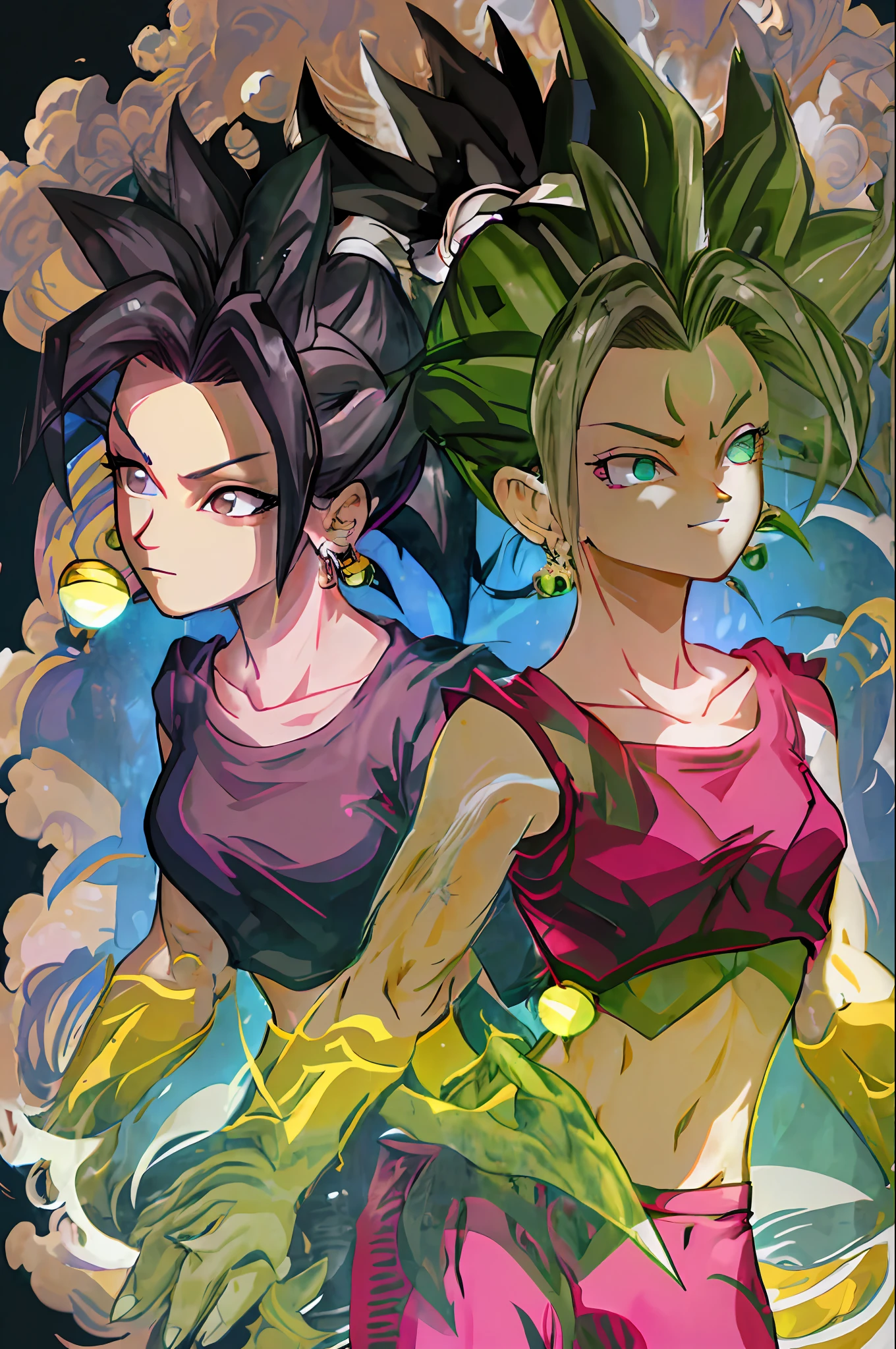 (best quality, masterpiece), black hair, green earrings, pink yoga pants, pink yoga bra, skin tight, toned, smug, smirk, kefla, thin waist, backlight,