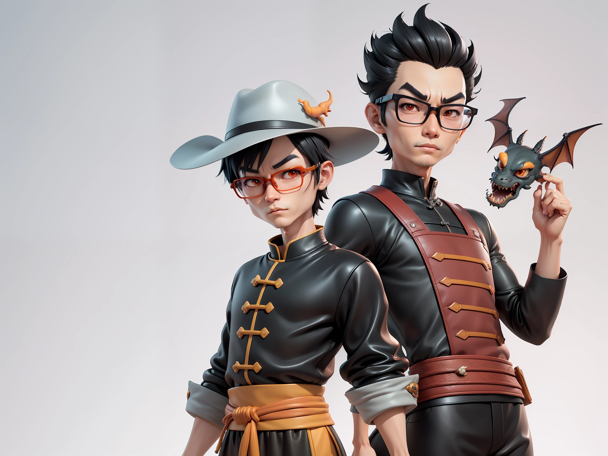Young man with oriental face wearing leather hat wearing dragon shirt Tang costume, short black hair, silver glasses, digital painting, 3D character design by Mark Clairedon and Pixar and Hayao Miyazaki and Akira Toriyama, the illustration is a high-definition illustration in 4K resolution with very detailed facial features and cartoon-style visuals.
