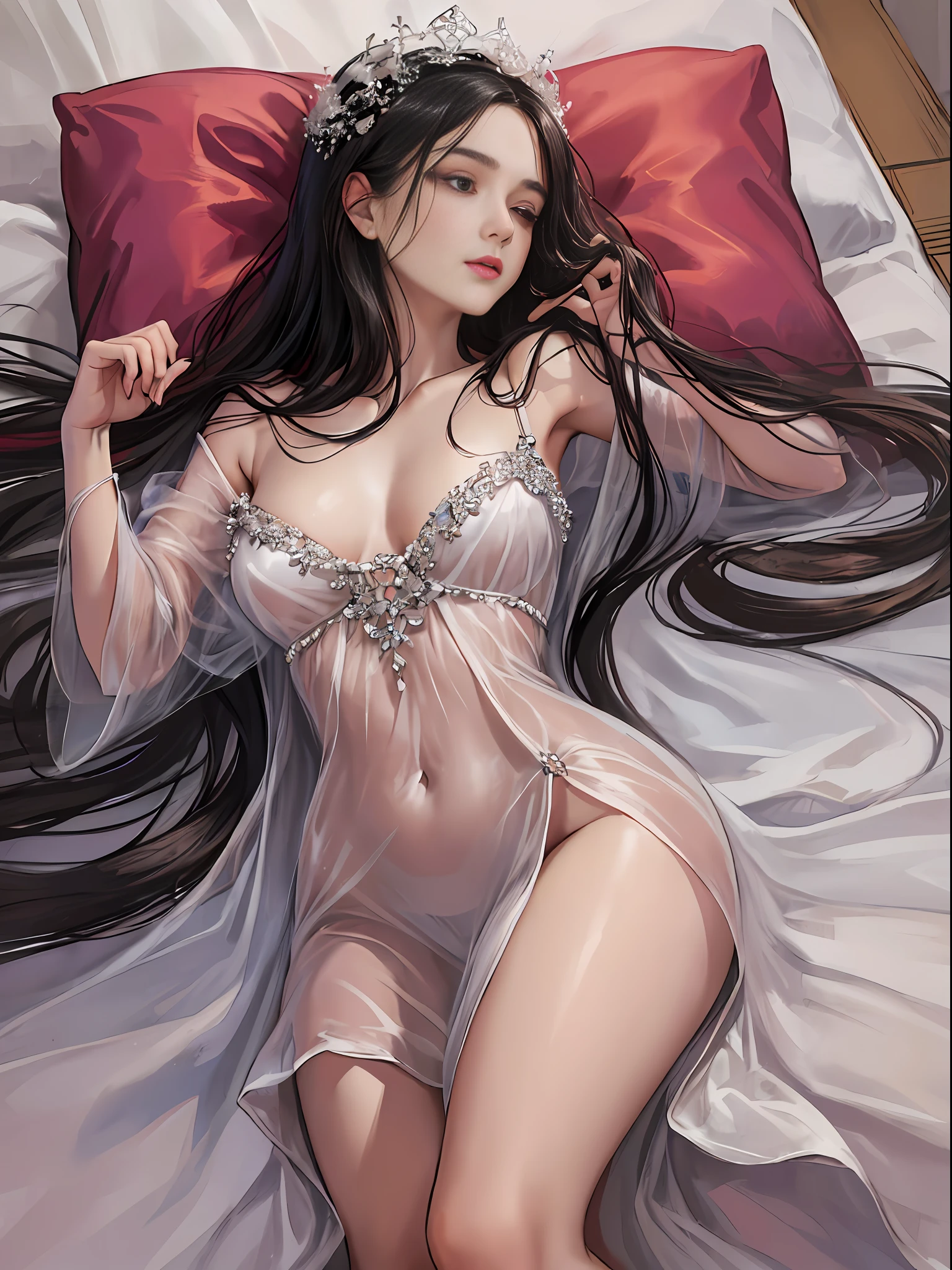 (A long-haired woman wearing a silk nightgown lies on the bed, sleeping: 1.8)(Elegant and luxurious texture of the silk fabric: 1.9)(Subtle sheen of the silk enhances the overall aesthetic: 1.7)(Peaceful and serene expression on her face: 1.8)(Soft and comfortable bedding adds to the relaxation: 1.5)