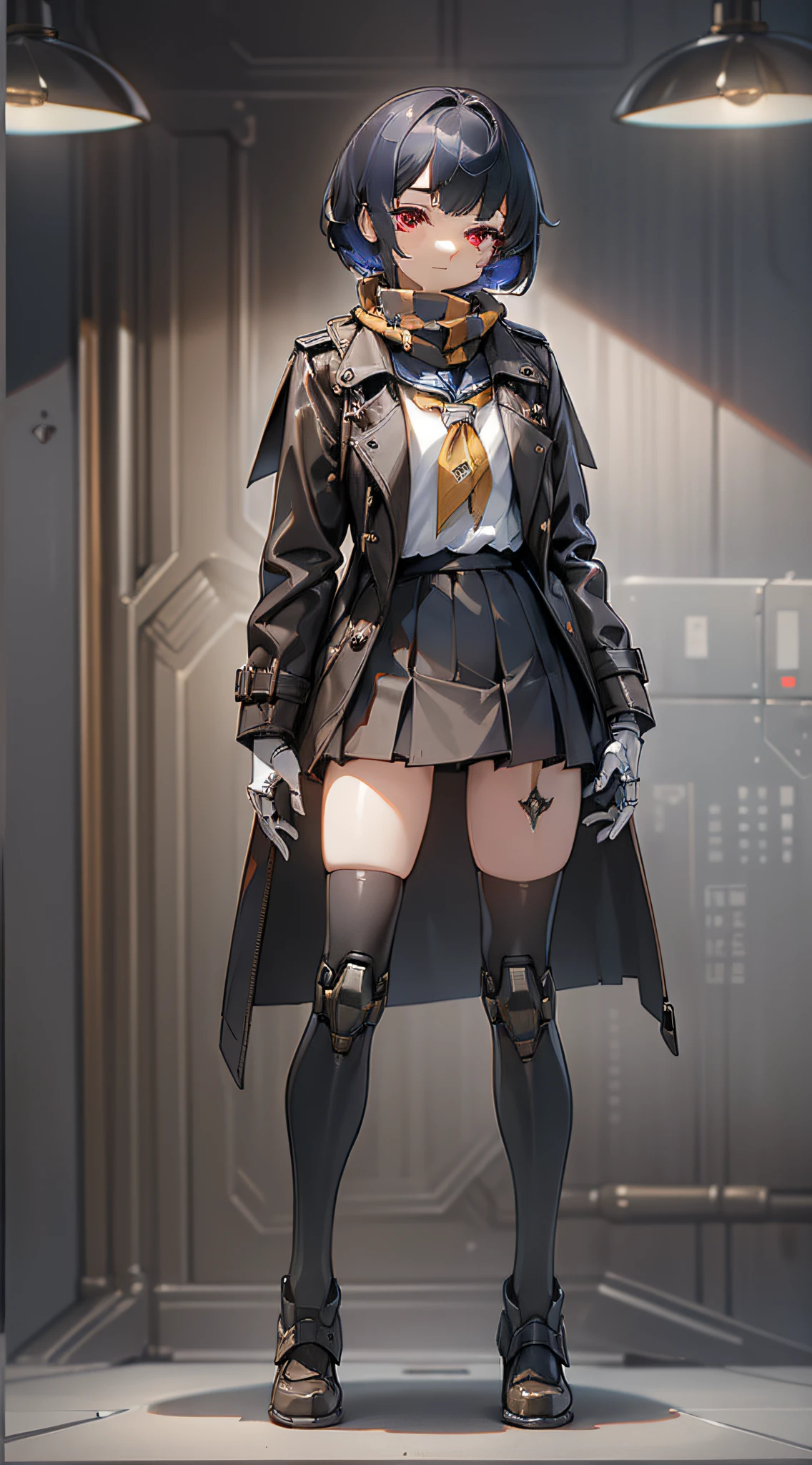 (((masterpiece))), ((best quality)), (ultra-detailed), (CG illustration), (an extremely devious and beautiful)), (cute desktop face), cinematic light, (only 1 girl), (whole body), (machine-made joints). : 1.4), ((mechanical limbs)), ((standing)), expressionless, (character focus), sci-fi, black hair, short hair, ((pick dye)), red eyes, mid-chest, (scarf), prosthetics, ((mechanical legs))), ((sailor suit)), (trench coat))), ((leather shoes)), (slim figure), pleated skirt