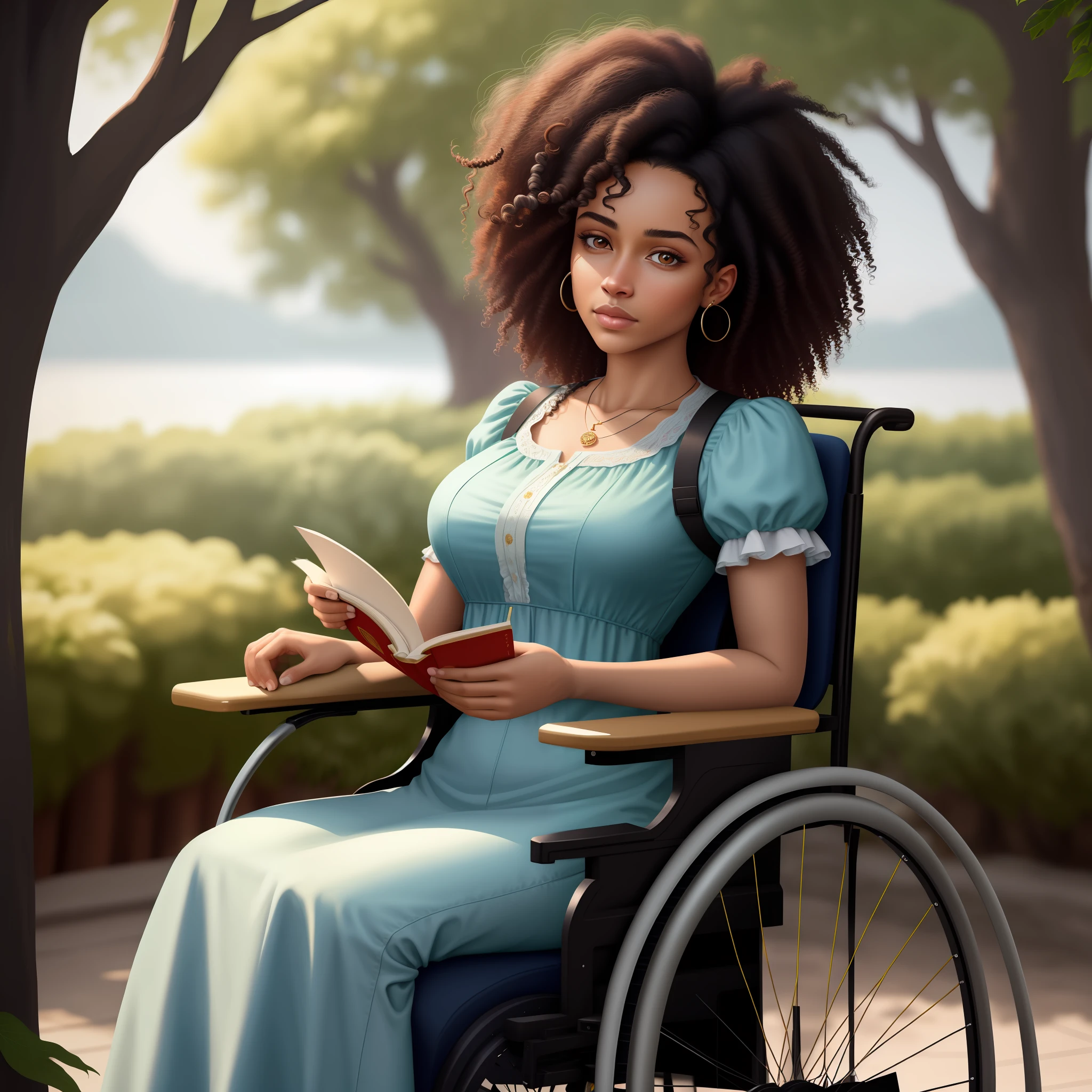 (top quality, 8k, masterpiece: 1.3)), beauty, 1 mixed-race woman with curly hair wheelchair reading
