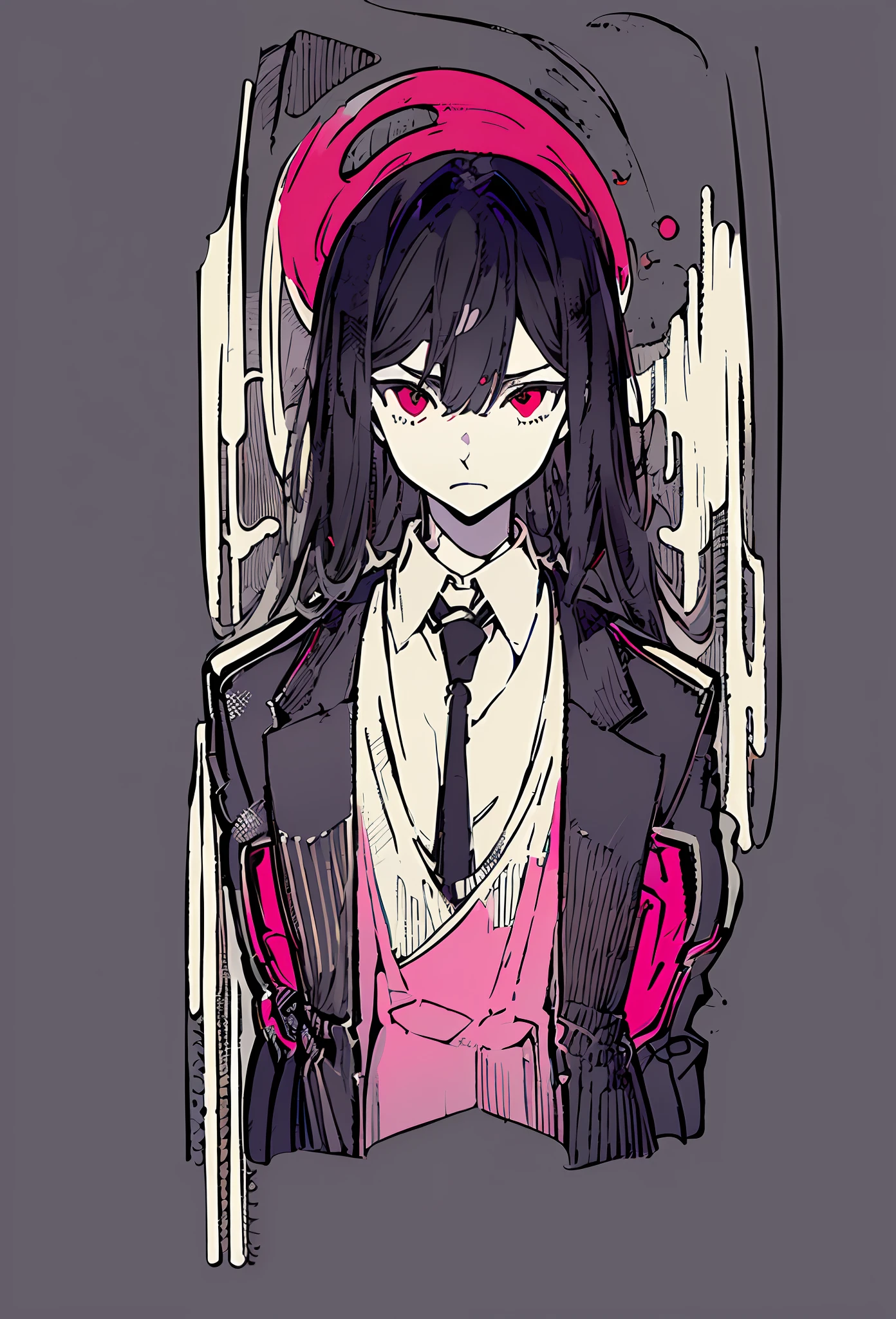 (((Masterpiece, illustration, strong silhouette)), monochrome, chiaroscuro, (simple background, transparent background, exotic simple background), Japanese girl, suit, black jacket, white shirt, black tie, serious face, (shadow face: 1.3), hair between eyes, dead eyes, black hair, red eyes, flush bangs, long hair, high contrast