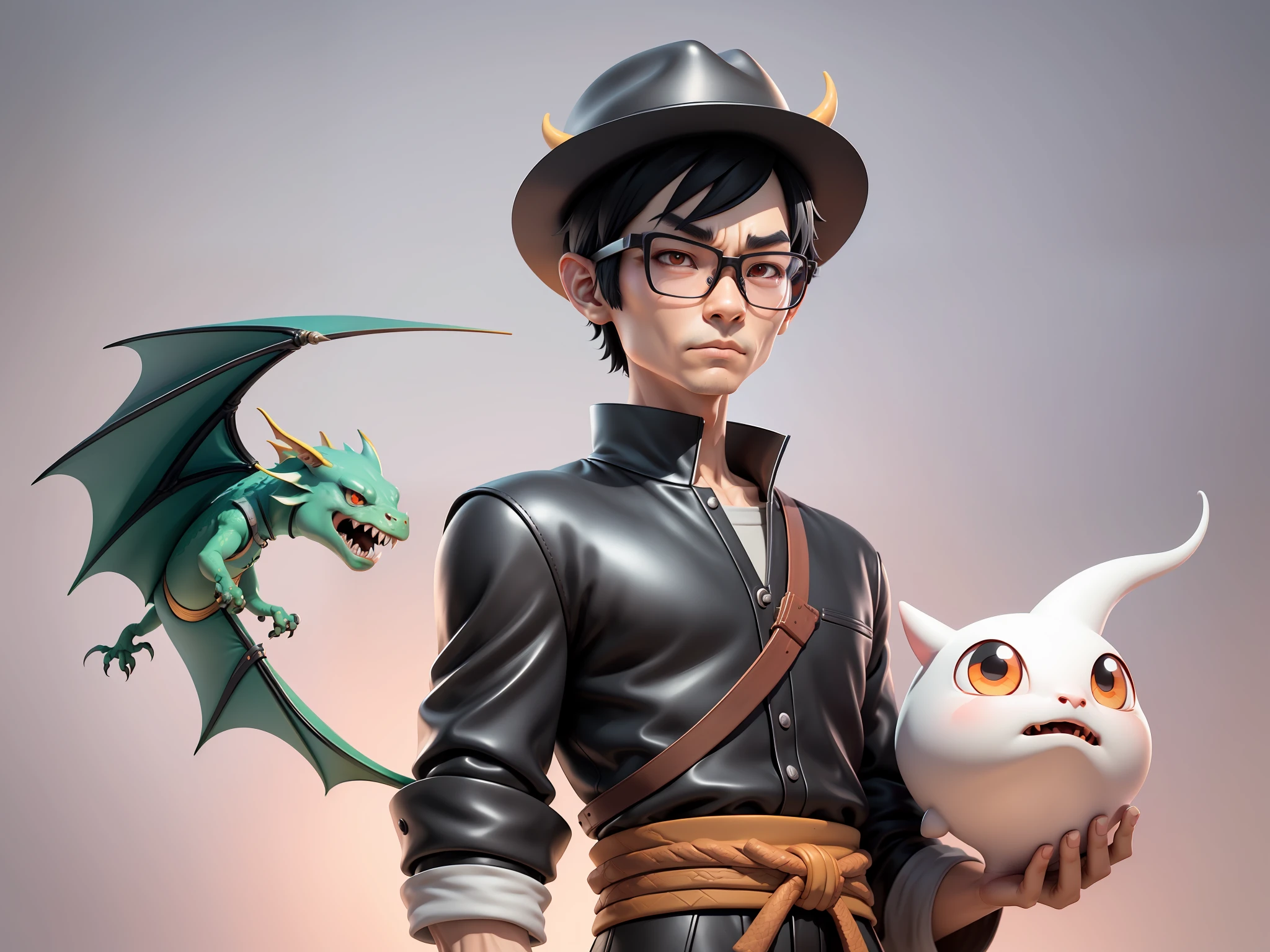 Young man with oriental face wearing leather hat wearing dragon shirt Tang costume, short black hair, silver glasses, digital painting, 3D character design by Mark Clairedon and Pixar and Hayao Miyazaki and Akira Toriyama, the illustration is a high-definition illustration in 4K resolution with very detailed facial features and cartoon-style visuals.