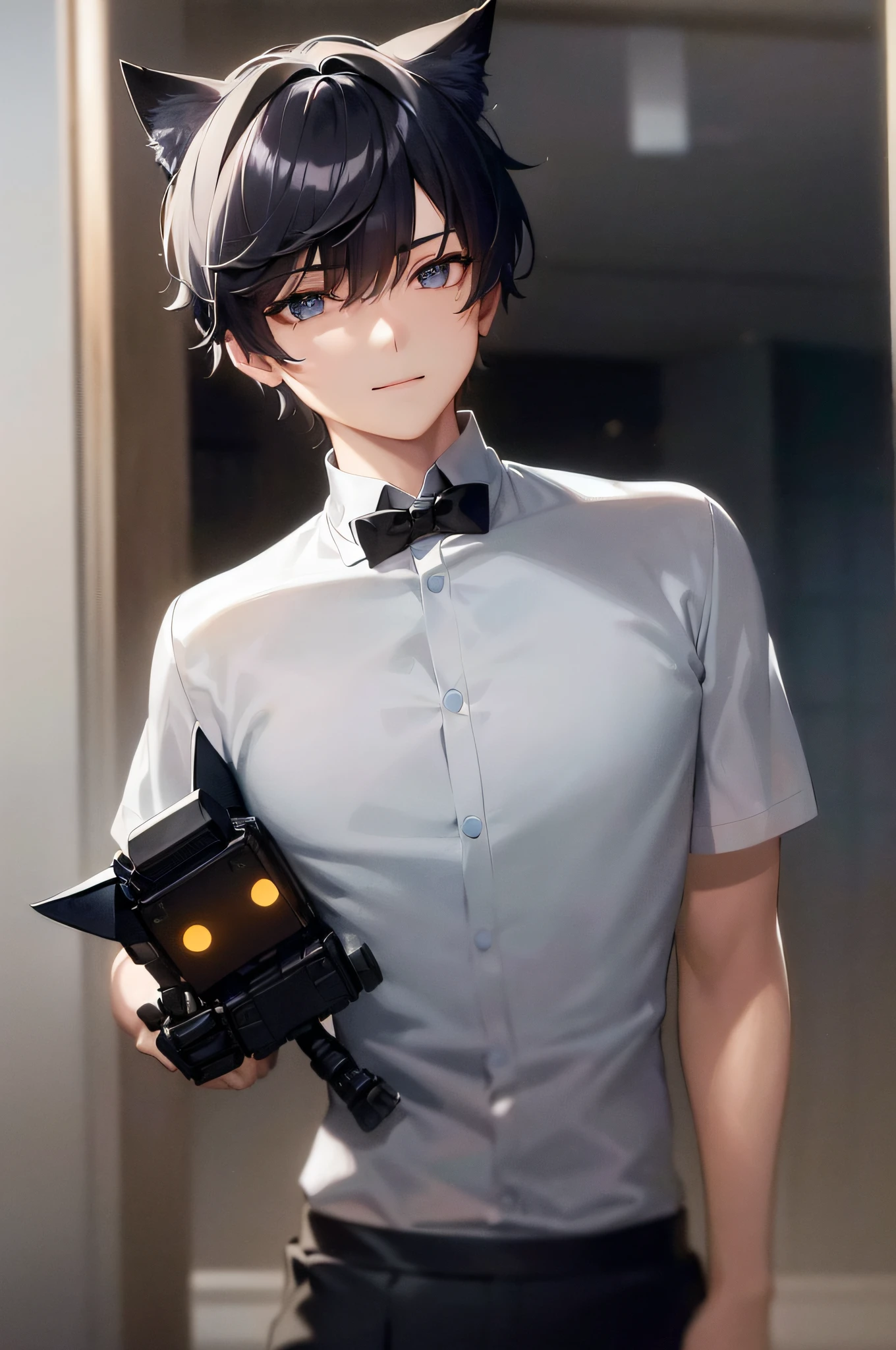 ((A male:1.2)), ((boy:1.2)), first-person view, glaring, Face Shot, cold light, The upper part of the body, An exquisitely detailed and beautifully rendered CG artwork featuring the epic, blue-eyed protagonist Gojou Satoru gazing directly at the viewer while standing at the deserted warehouses, blue eyes, (Fine Eyes:1.2),bandage on face, ((fake cat ears:1.2)), (short sleeves JK_shirt:1.2), (gentleness:1.2), gray, styled with a captivating hairdo, smile, ((holding a robot toy:1.2)), accentuated with bangs and hair between eyes, highlighting his distinctive and stylish black and short hair, This dynamic composition expertly showcases his strong male focus, in a manner that captivates and intrigues viewers