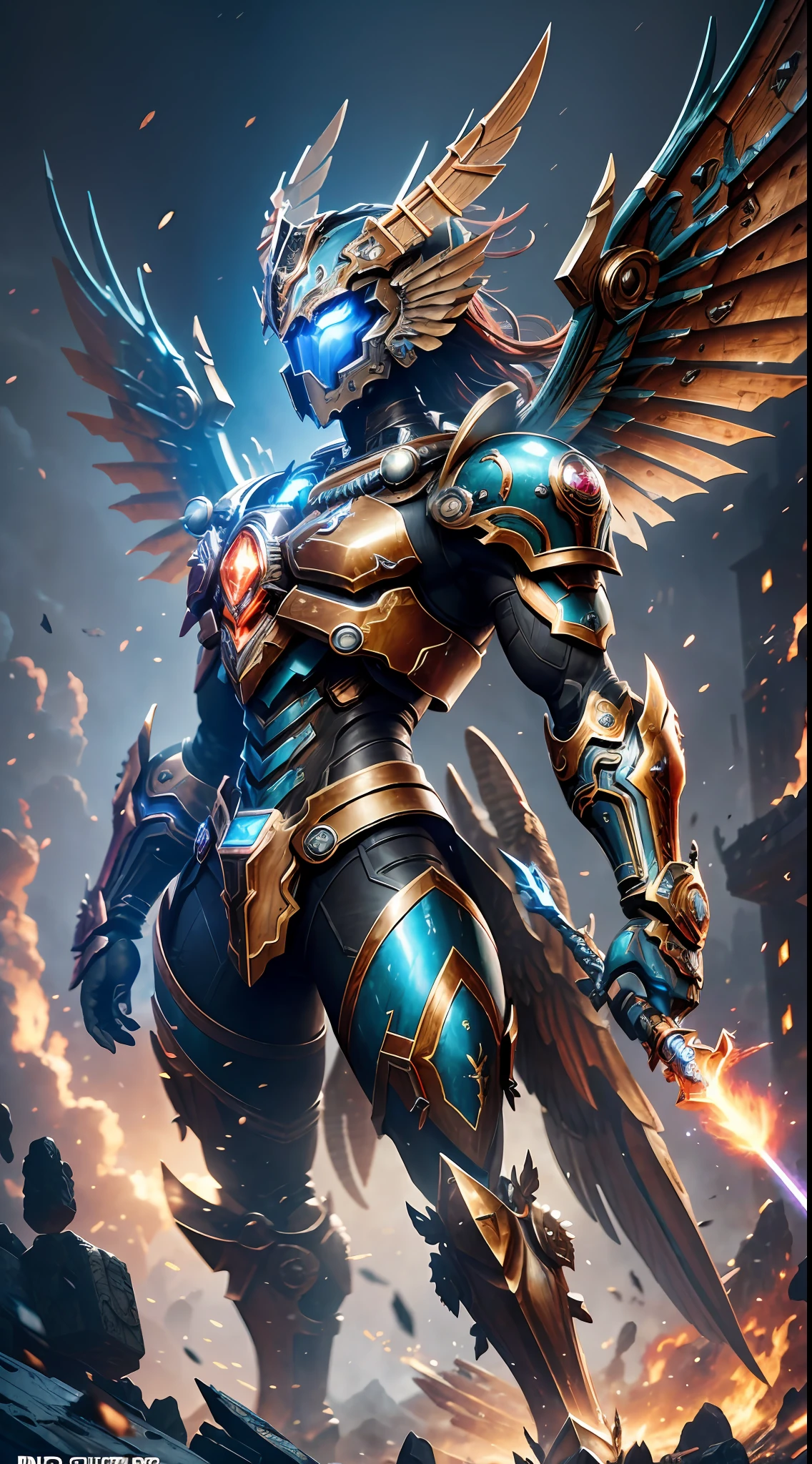 Steampunk style, cold colors, cinematic effects, futuristic sci-fi giant mecha God of War, mecha with dragon pattern on top, wings with metallic texture on the back, wings are feathers, strong layering, holding red giant tomahawk, tomahawk particle light, tomahawk particle special effects, aesthetic, scattered, battle posture, battle posture display, super details, face face exquisite details, clear contours, facial close-up, perfect details, 8K, top painting, feature article, studio environment, concept art, epic composition, With HD detail, metallic texture and tension composition, hyper-realistic, ultra-realistic, rich in detail, 3D. C4D,