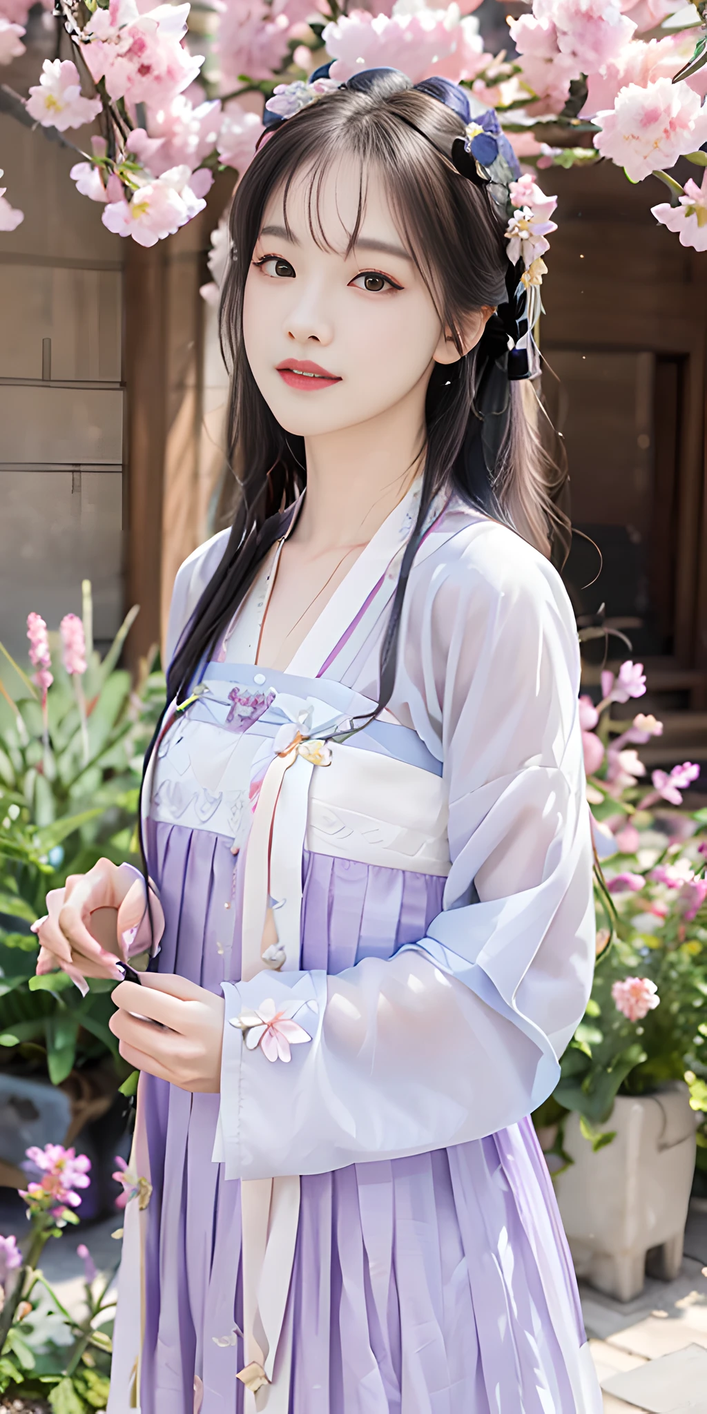 Masterpiece, black_hair, 1 girl, looking at the audience, long_hair, nail_polish, solo, ancient art, Chinese, (8k, best quality, masterpiece: 1.2), (realistic, realistic:1.2), (background sky: 1.2), (bust photo: 1.7), looking at the audience, hanfu, 1girl, (purple flower pine ink: 1.1), face close-up, detailed face, hanfu, tang system, chest-length skirt, pleated skirt,cinematic lighting, motion blur, ray tracing, god rays, bloom, drop shadow, close-up, lens flare, UHD, masterpiece, ccurate, anatomically correct, textured skin, super detail, high details, high quality, award winning, best quality, highres, 16k, HD, accurate, correct hand, (anatomically correct: 1.5),