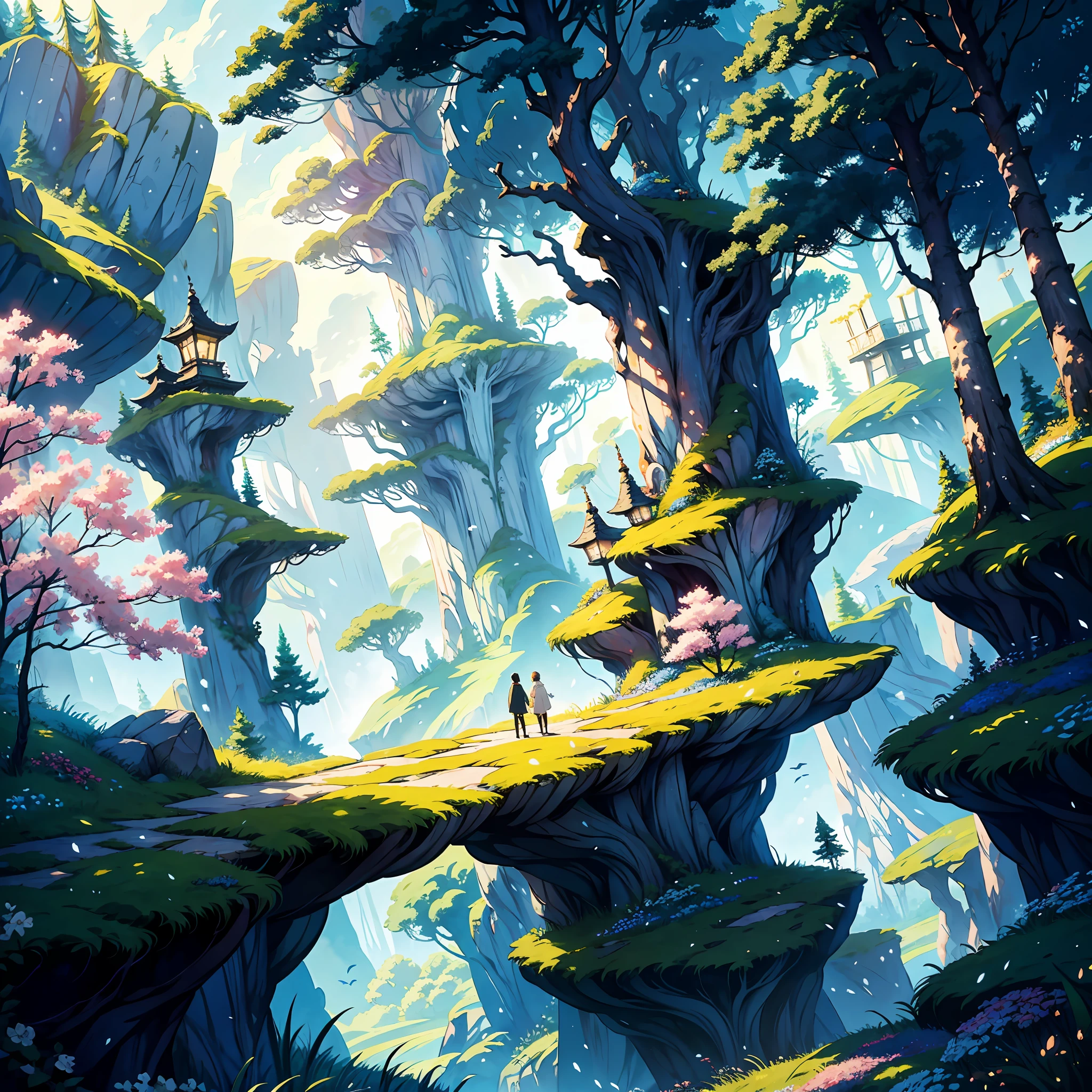 Create a fantastical and imaginative scene in the style of hayao miyazaki. Use a colorful and vibrant palette with a focus on natural elements such as forests and creatures to create a magical and enchanting scene. Pay attention to the fine details and character design to create a sense of wonder and awe. Use a soft and dreamlike color palette with a focus on pastel tones. Add weight to certain elements to create a balance between the different elements in the artwork.