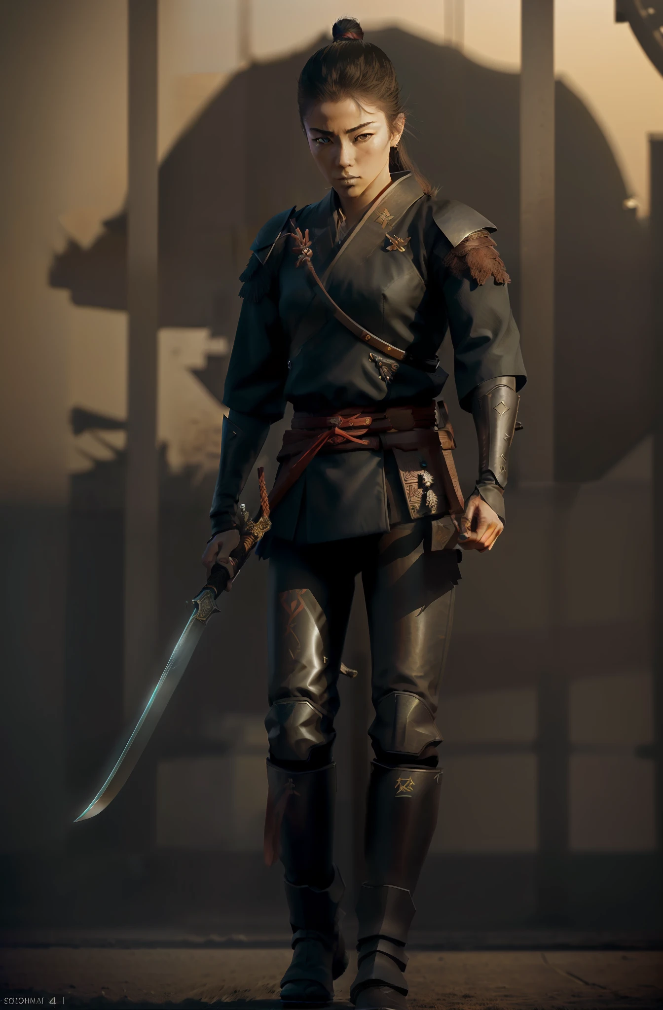 a female samurai holding a sword, walking towards the camera, (dramatic perspective, dramatic composition, ultra realistic, concept art, sony A9, 45-70mm, F40, photorealistic:1.4), human face