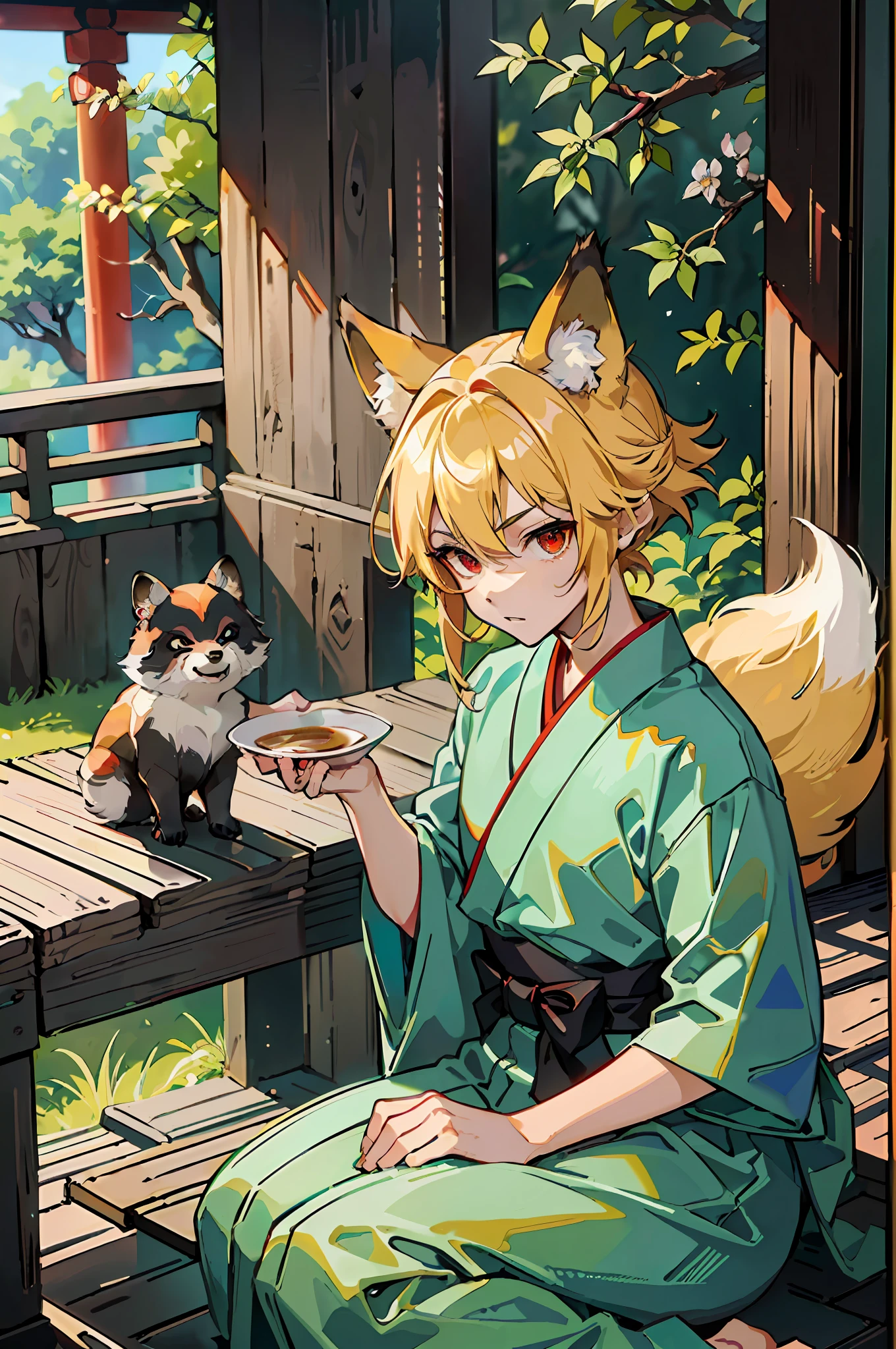 ((Representative work: 1.4, highest quality)), two boys standing, (blond spiked hair and red eyes, fox ears and tail: 1.1), (green short hair and big eyes, raccoon ears and tail: 1.2), (Japan Shinto priest, white and light blue hakama: 1.3), background is a temple in Kyoto.