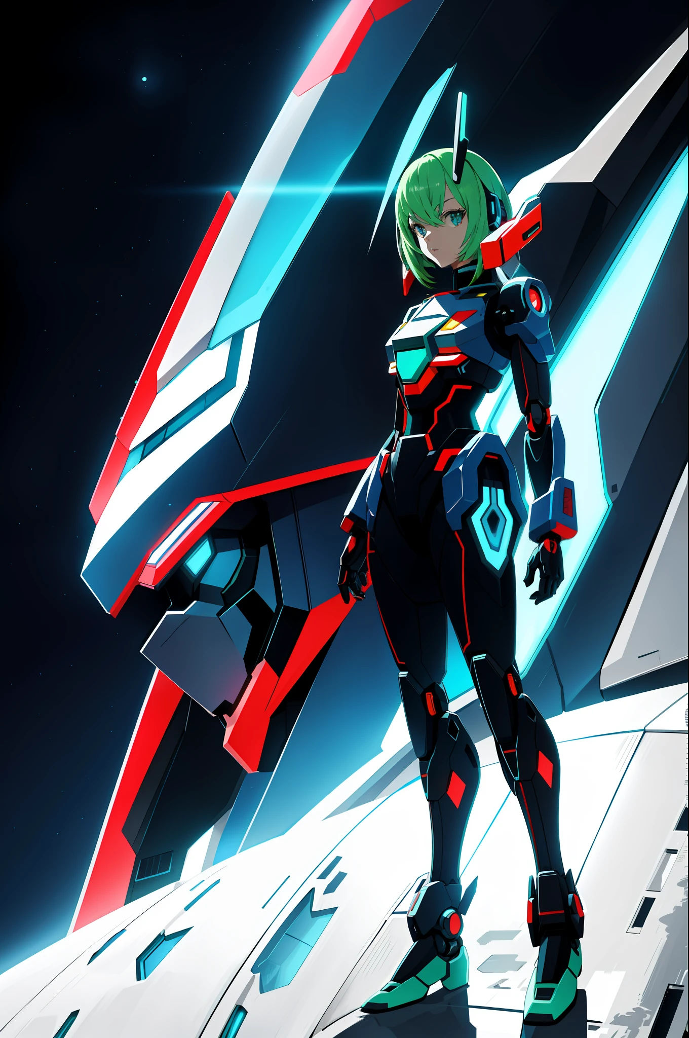 chromatic of a mechapunk gundam robot, futuristic sci-fi female android, feminine hyper design, in the retro style of FLCL, super detailed bright illustration, light azure and light redcore scarlet color palette, aetherpunk, hyperdetailed futuristic design, gorgeous scenery with captivating light, ultra detailed beautiful chromolithography