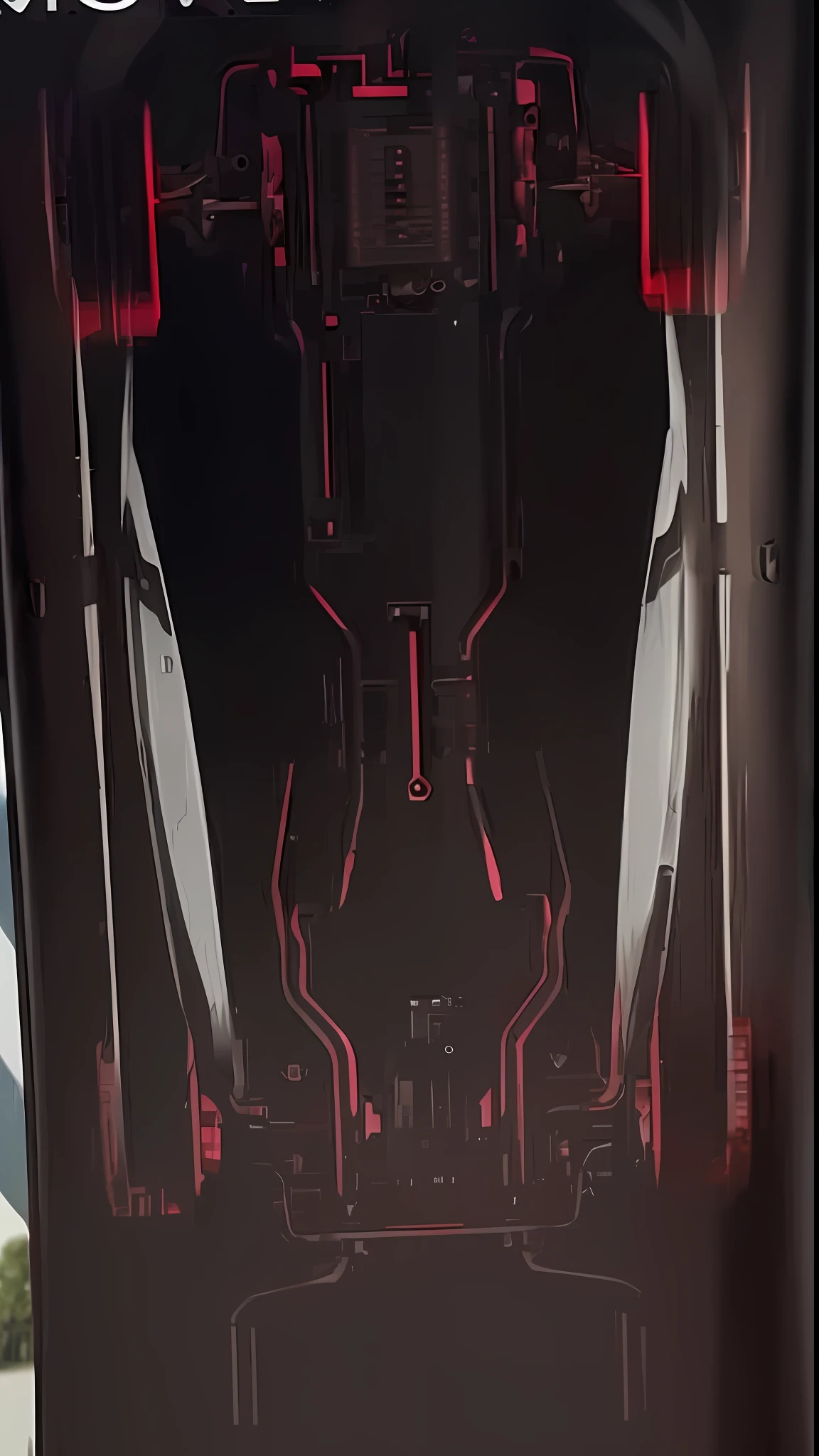 a black background with a car seen from low red on it, red mechanical parts, apparent engine