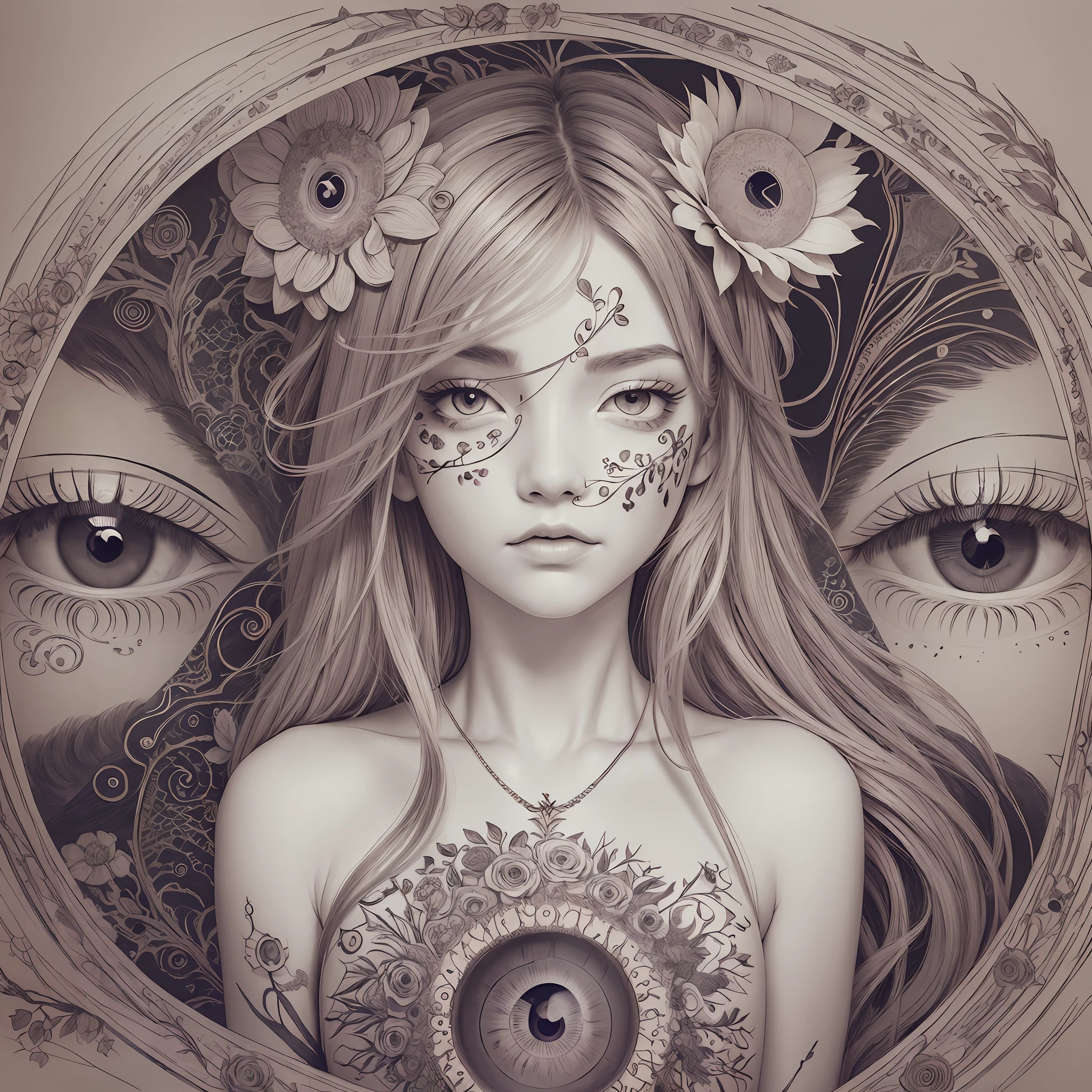 drawing of a flower with an eye on it, eyeball growing form tree branch, eyeball, ( all seeing eye ), all - seeing eye, kaethe butcher, 3rd eye, stalk eyes, single eye, all seeing eye, illustration in pen and ink, inspired by Ren Xun, pen and ink work. sharp focus, flowers grow from the body