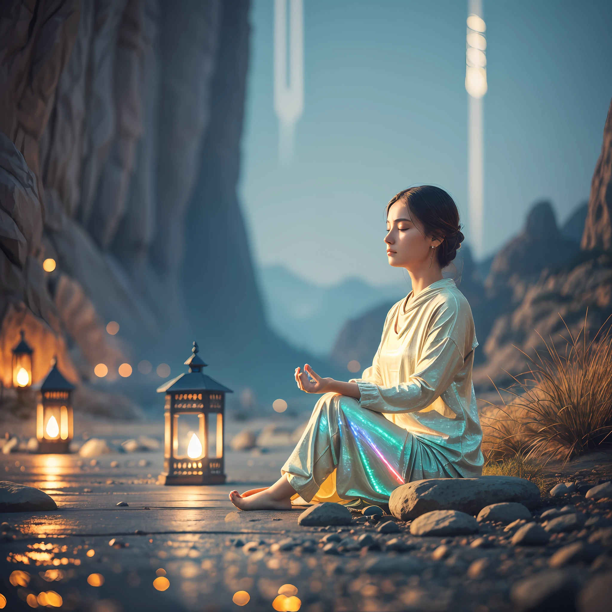 a woman, ((with illuminated clothes)), sitting in front of a cinematic landscape, ((meditating)), ((realistic)) , with calm and harmonious colors in the photo, something never seen before, high resolution, masterpiece, 8k --auto --s2