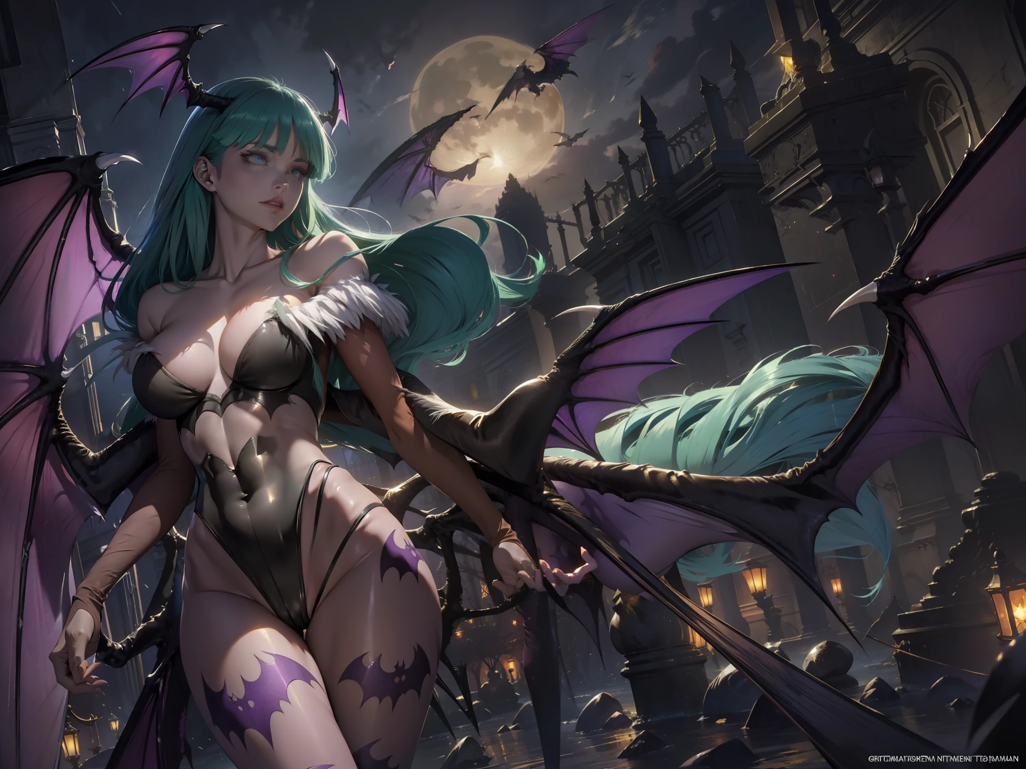 (detailed line art of a Morrigan Aensland,dark stalkers),  natural body posture,  alluring facial expression, golden shining eyes, dark eyeshadow, moonlight, Art by Carne Griffiths, by Wadim Kashin, by jean baptiste monge, symmetrical, (Dutch angle shot: 1.5)digital painting, concept art, voluminetric lighting,TanvirTamim, metallic reflections, 2d render, 8k. by artgerm, trending on artstation