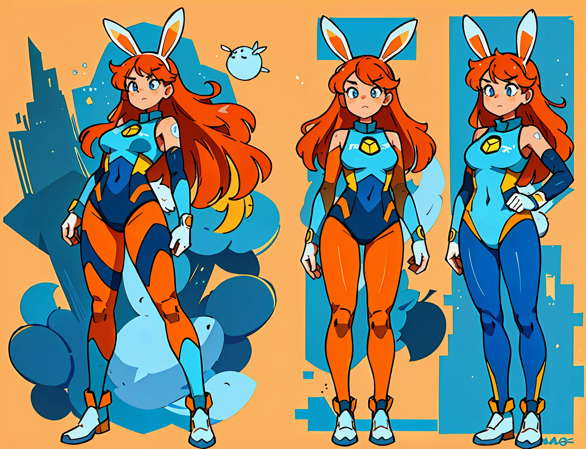 (master piece, high quality, 8k) (full body) (same character front, back, side view) (model sheet) (multiple views of the same character) rabbit woman with blue and yellow eyes, in a blue bathing suit, long orange hair, messy long orange hair with rabbit ears same color bunny ears, space dandy, space hero, galactic hero, anime hero female, long legs, womanly figure. 8k, (RAW photo, best quality), beautiful detailed eyes, extremely detailed eyes and face, perfect anatomy, an extremely delicate and cute cubby face, big round blue eyes, long messy orange hair natural lighting,
