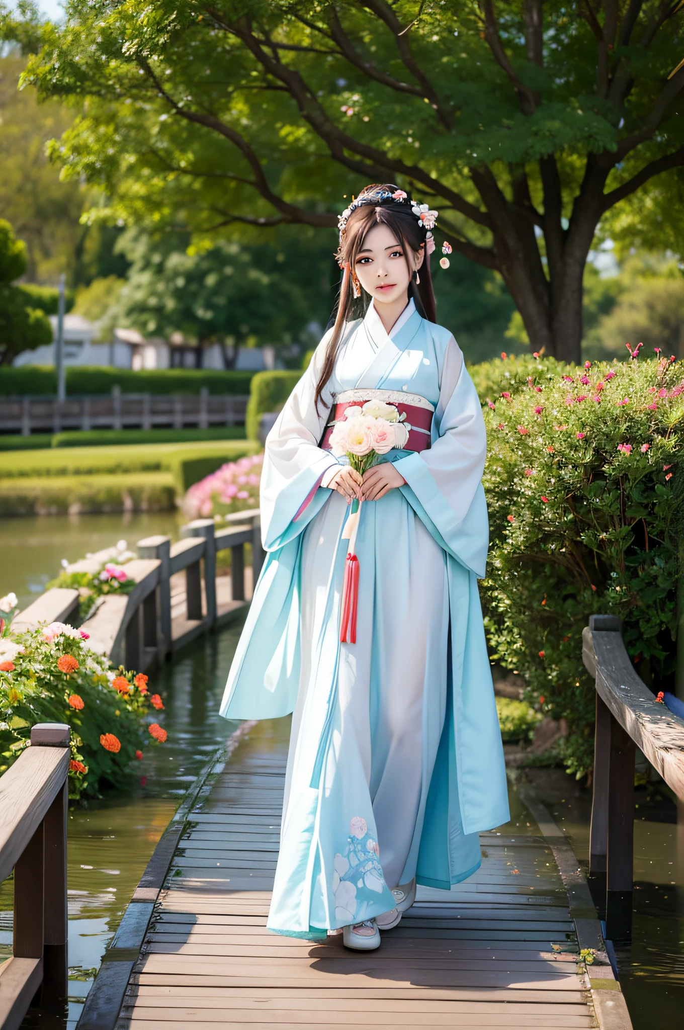Woman in Hanfu standing on a small bridge, flowers
