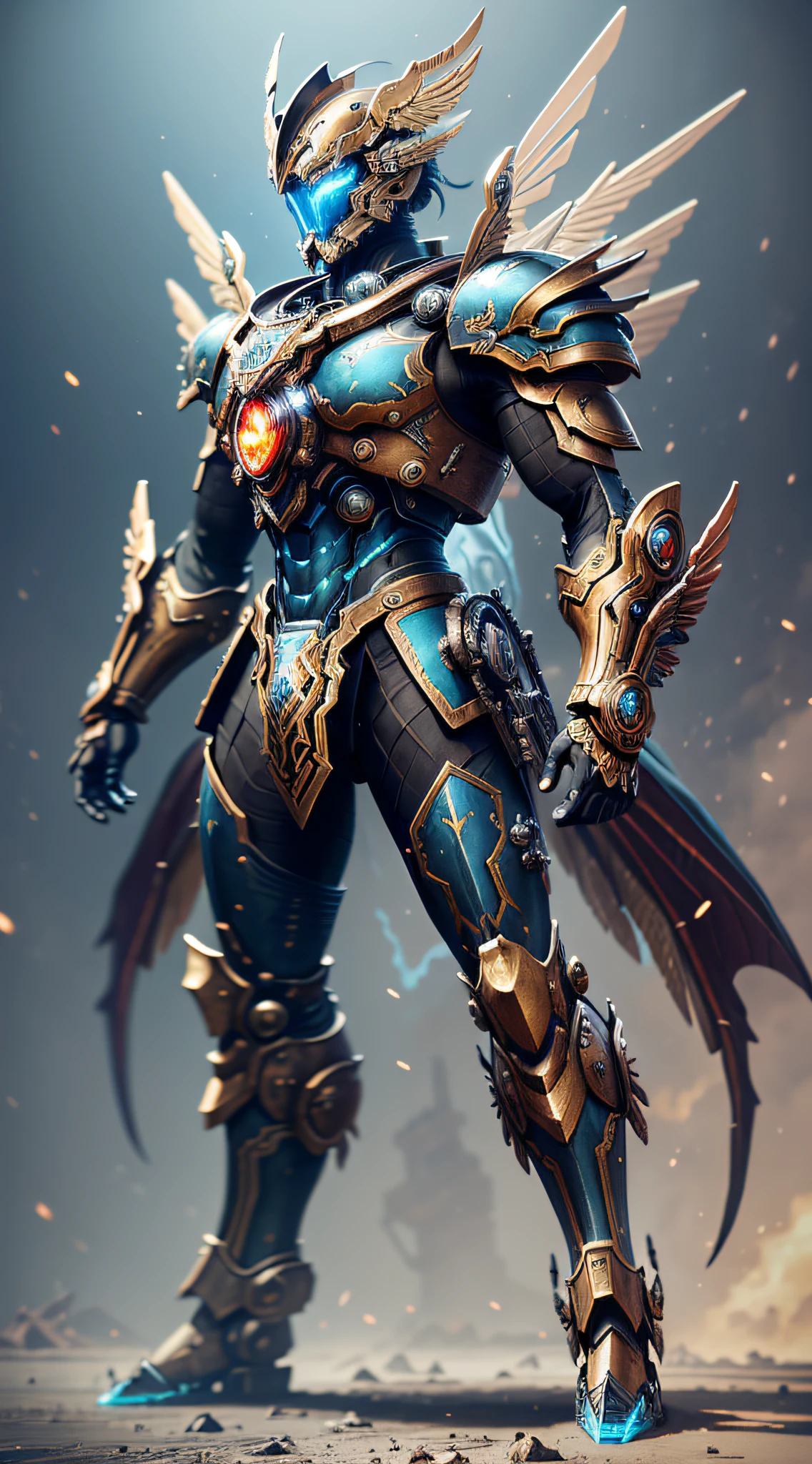 Steampunk style, cold colors, cinematic effects, futuristic sci-fi giant mecha God of War, mecha with dragon pattern on top, wings with metallic texture on the back, wings are feathers, strong layering, holding red giant tomahawk, tomahawk particle light, tomahawk particle special effects, aesthetic, scattered, battle posture, battle posture display, super details, face face exquisite details, clear contours, facial close-up, perfect details, 8K, top painting, feature article, studio environment, concept art, epic composition, With HD detail, metallic texture and tension composition, hyper-realistic, ultra-realistic, rich in detail, 3D. C4D,