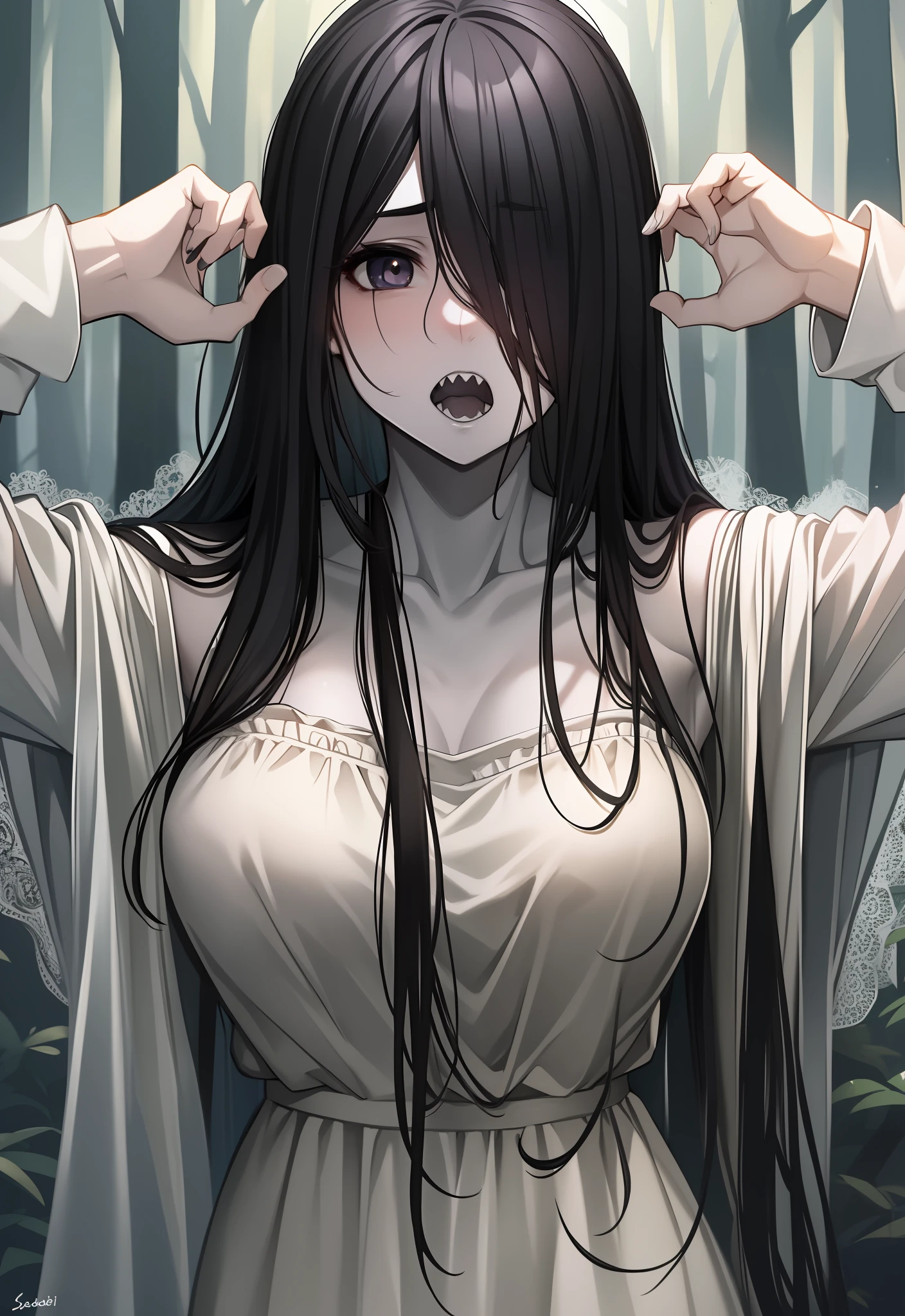 ((masterpiece)), (best quality), (absurdists), black hair, yamamura_sadako, white dress, (grey skin), hair over eyes, eyes covered, looking at the very sexual viewer in the dark forest sharp teeth