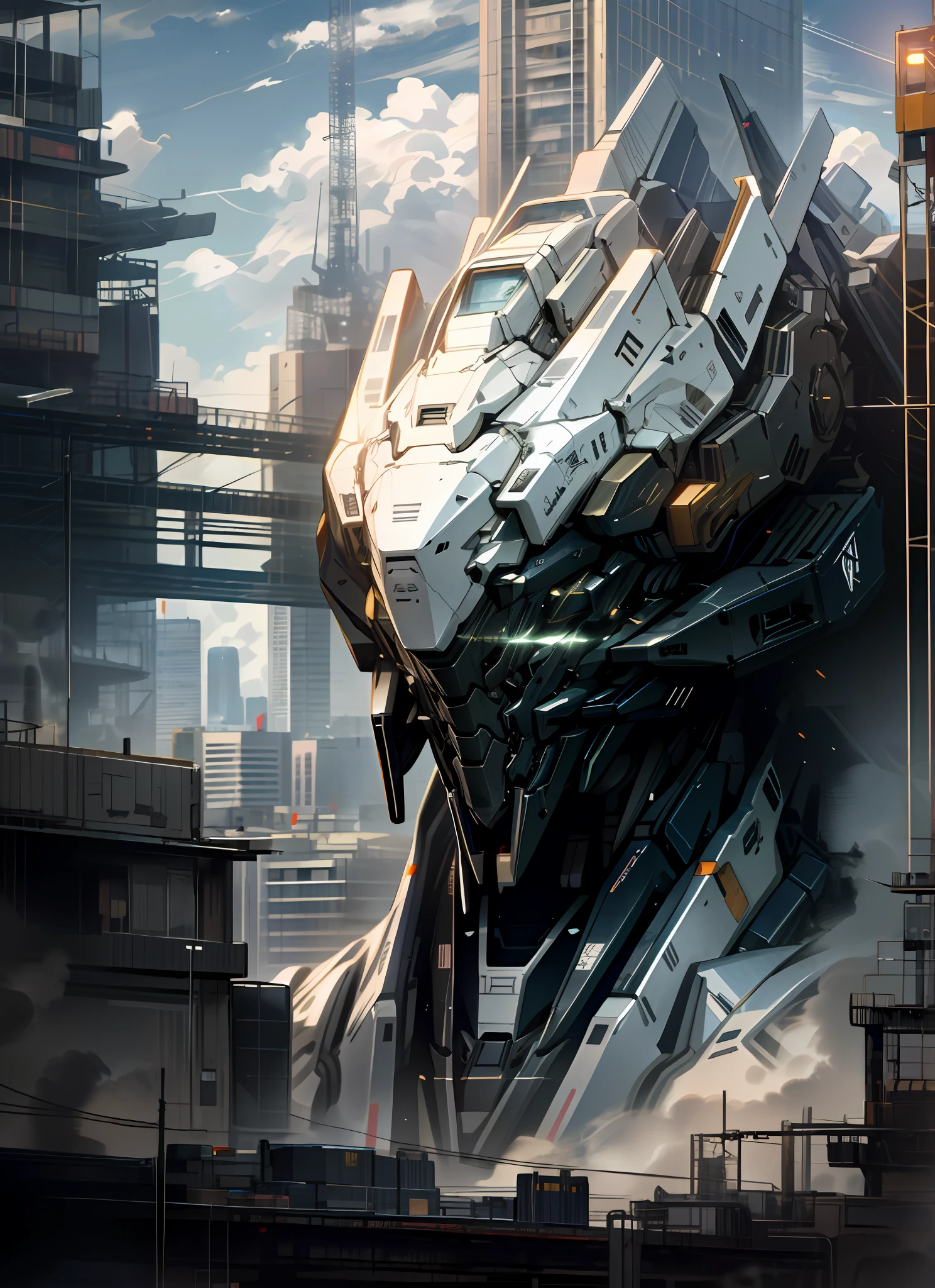 sky, cloud, holding_weapon, no_humans, glowing, , robot, building, glowing_eyes, mecha, science_fiction, city, realistic,mecha