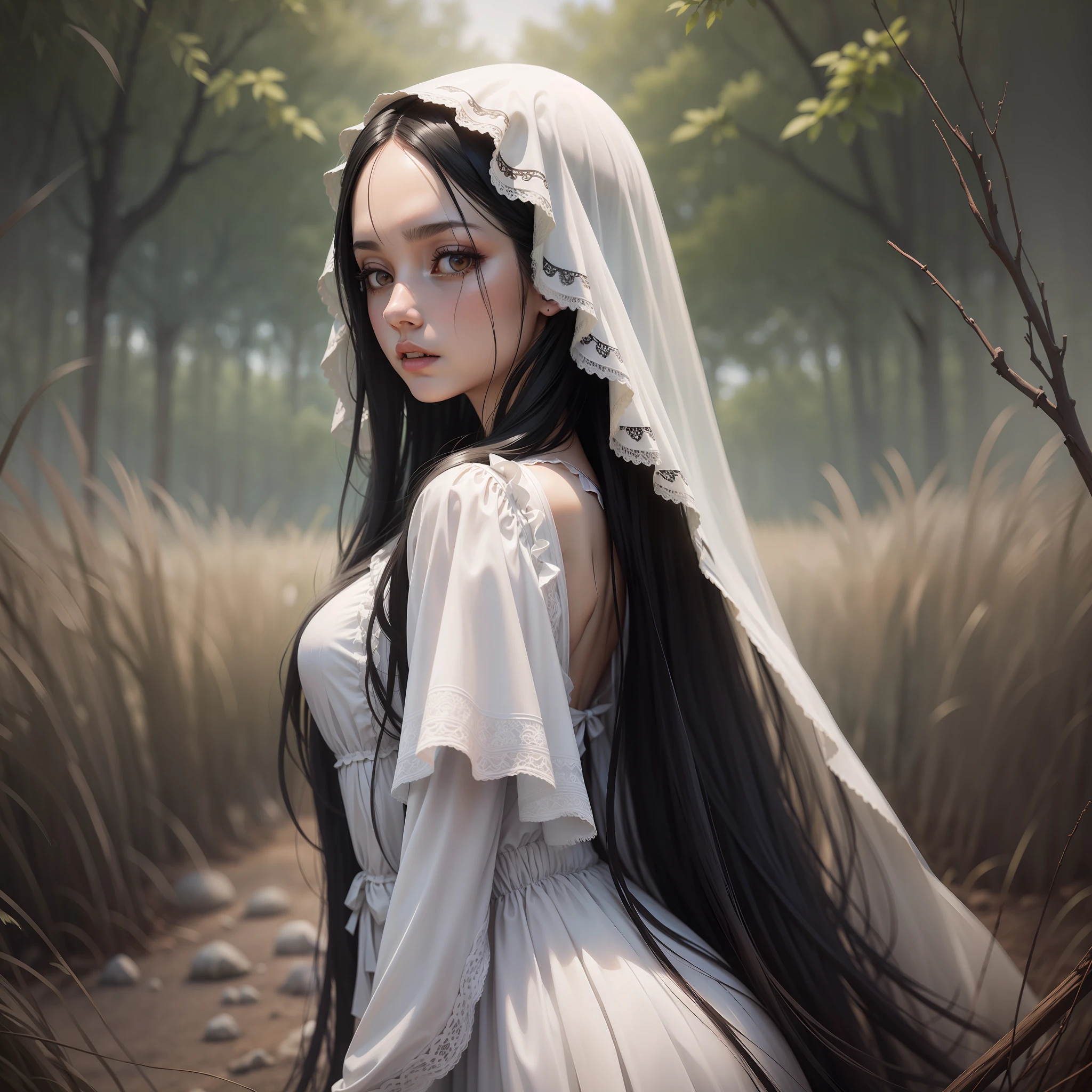 Samara woman tall haunting long black hair tanning face white dress scenery in a super realistic and well detailed haunted floret