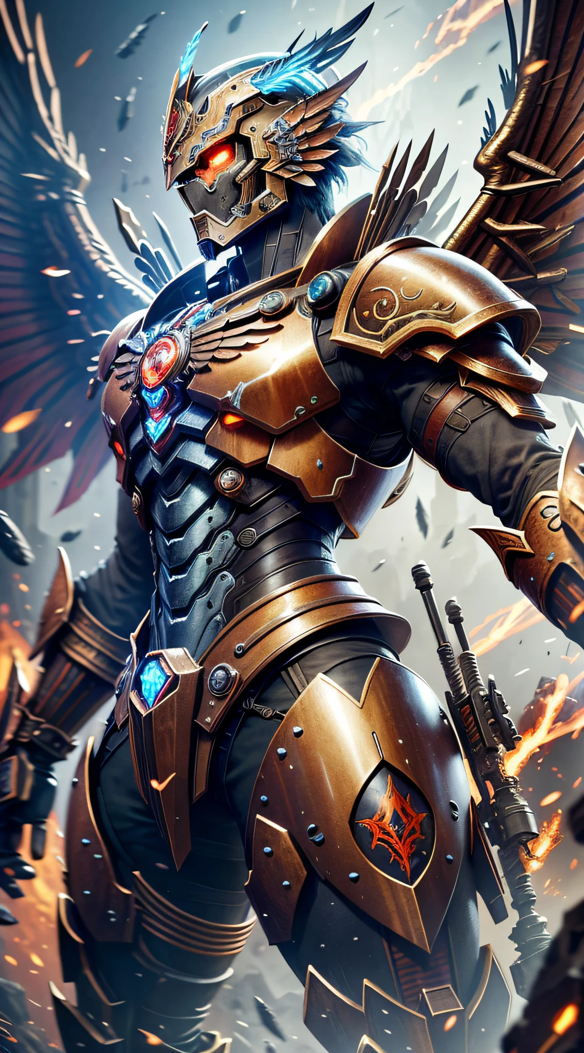 Steampunk style, cold colors, cinematic effects, futuristic sci-fi giant mecha God of War, mecha with dragon pattern on top, wings with metallic texture on the back, wings are feathers, strong layering, holding red giant tomahawk, tomahawk particle light, tomahawk particle special effects, aesthetic, scattered, battle posture, battle posture display, super details, face face exquisite details, clear contours, facial close-up, perfect details, 8K, top painting, feature article, studio environment, concept art, epic composition, With HD detail, metallic texture and tension composition, hyper-realistic, ultra-realistic, rich in detail, 3D. C4D,