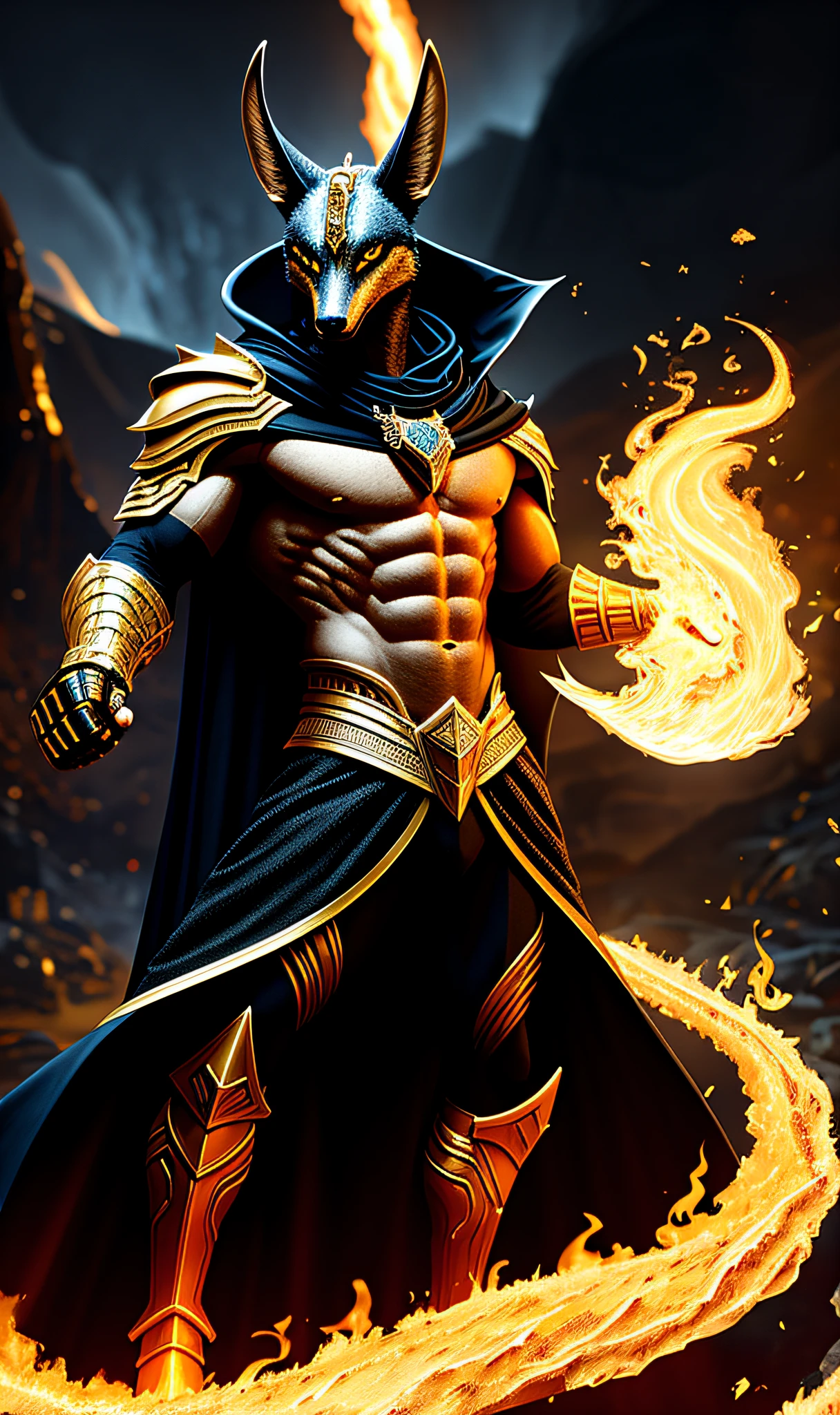(high quality), photorealistic, (oil painting)
jewelry, (solo),
(dynamic pose), towards right, ((hell gate)), fire, hell landscape, (the underworld), (dark landscape),
anubis, egyptian jackal headed god, anthro, muscular, (holding golden scales), dynamic pose, cinematic, dramatic camera angle, golden armor:0.25, black & gold cape, (good anatomy), (good proportions), award winning, masterpiece, centered,