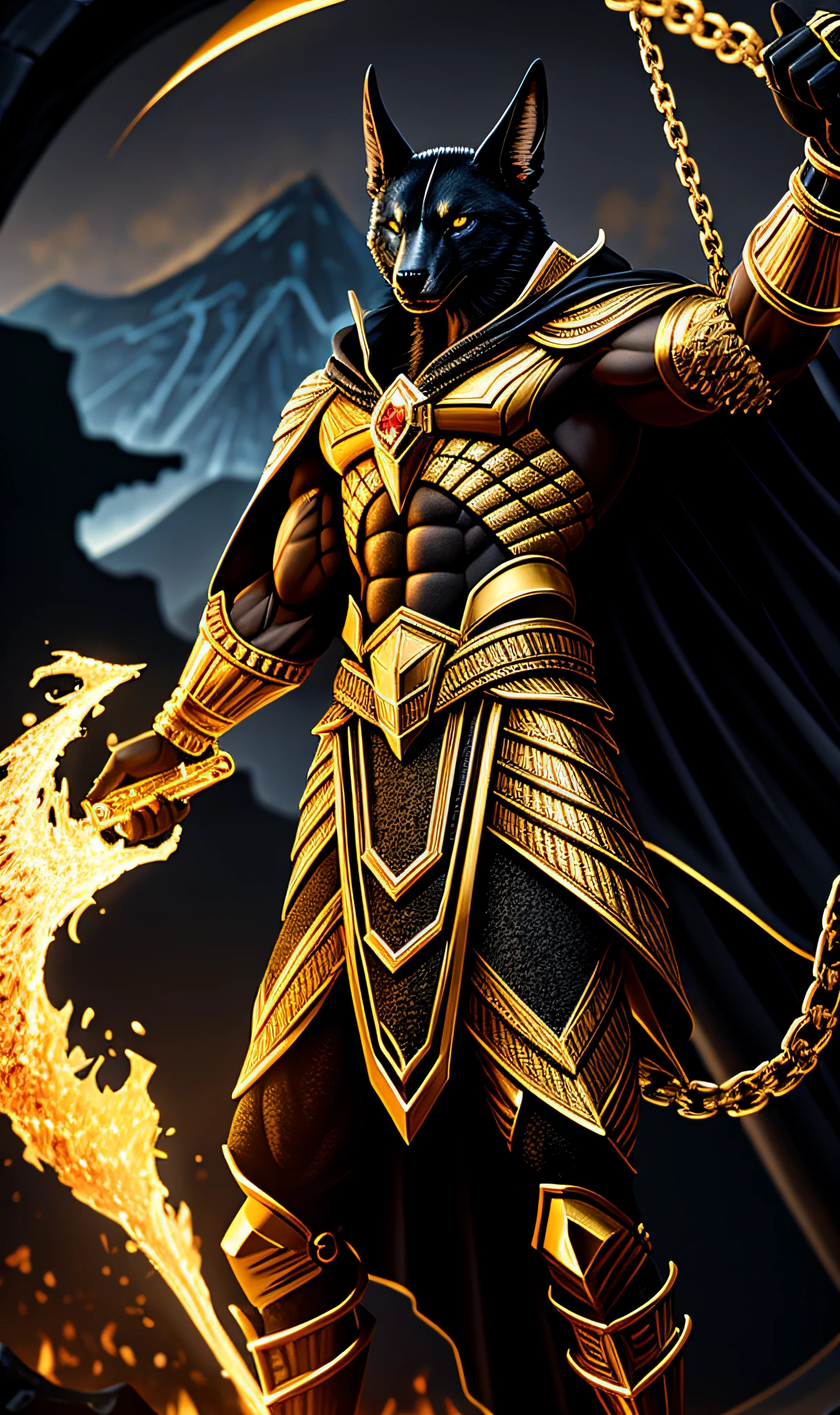 (high quality), photorealistic, (oil painting)
jewelry, (solo),
(dynamic pose), towards right, ((hell gate)), fire, hell landscape, (the underworld), (dark landscape),
anubis, egyptian jackal headed god, anthro, muscular, (holding golden scales), dynamic pose, cinematic, dramatic camera angle, golden armor:0.25, black & gold cape, (good anatomy), (good proportions), award winning, masterpiece, centered,