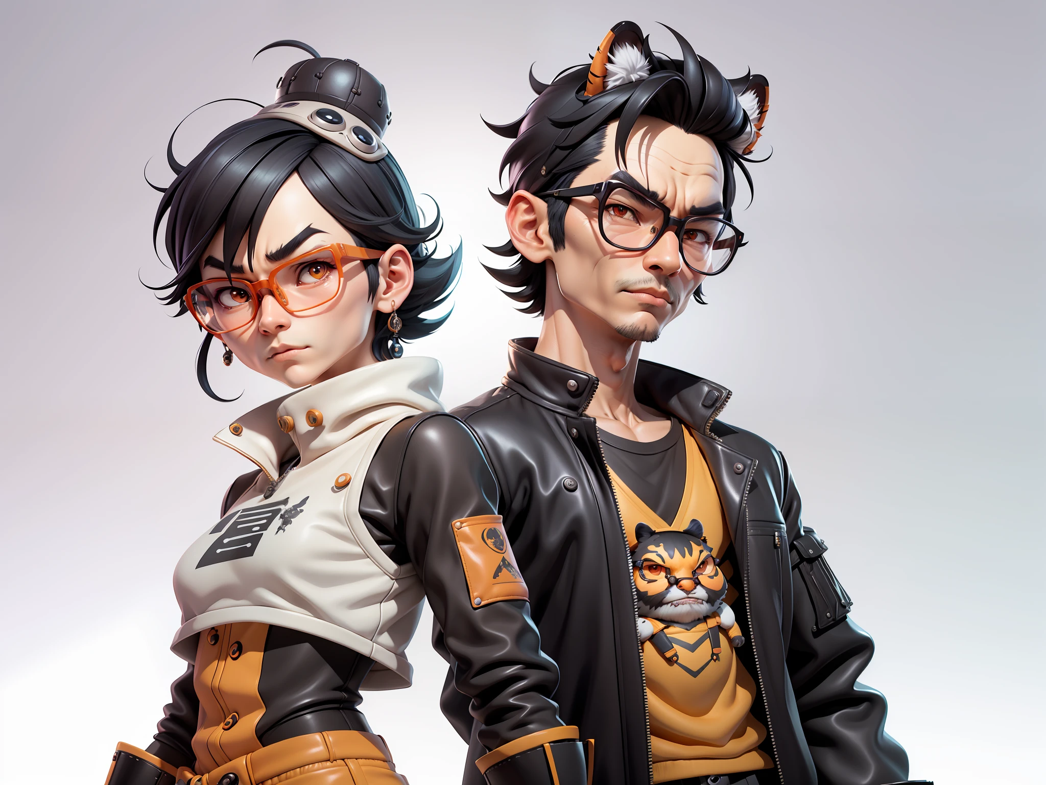 Oriental face young man wearing leather hat wearing tiger shirt suit, short black hair, silver glasses, digital painting, 3D character design by Mark Clairedon and Pixar and Hayao Miyazaki and Akira Toriyama, the illustration is a high-definition illustration in 4K resolution with very detailed facial features and cartoon-style visuals.