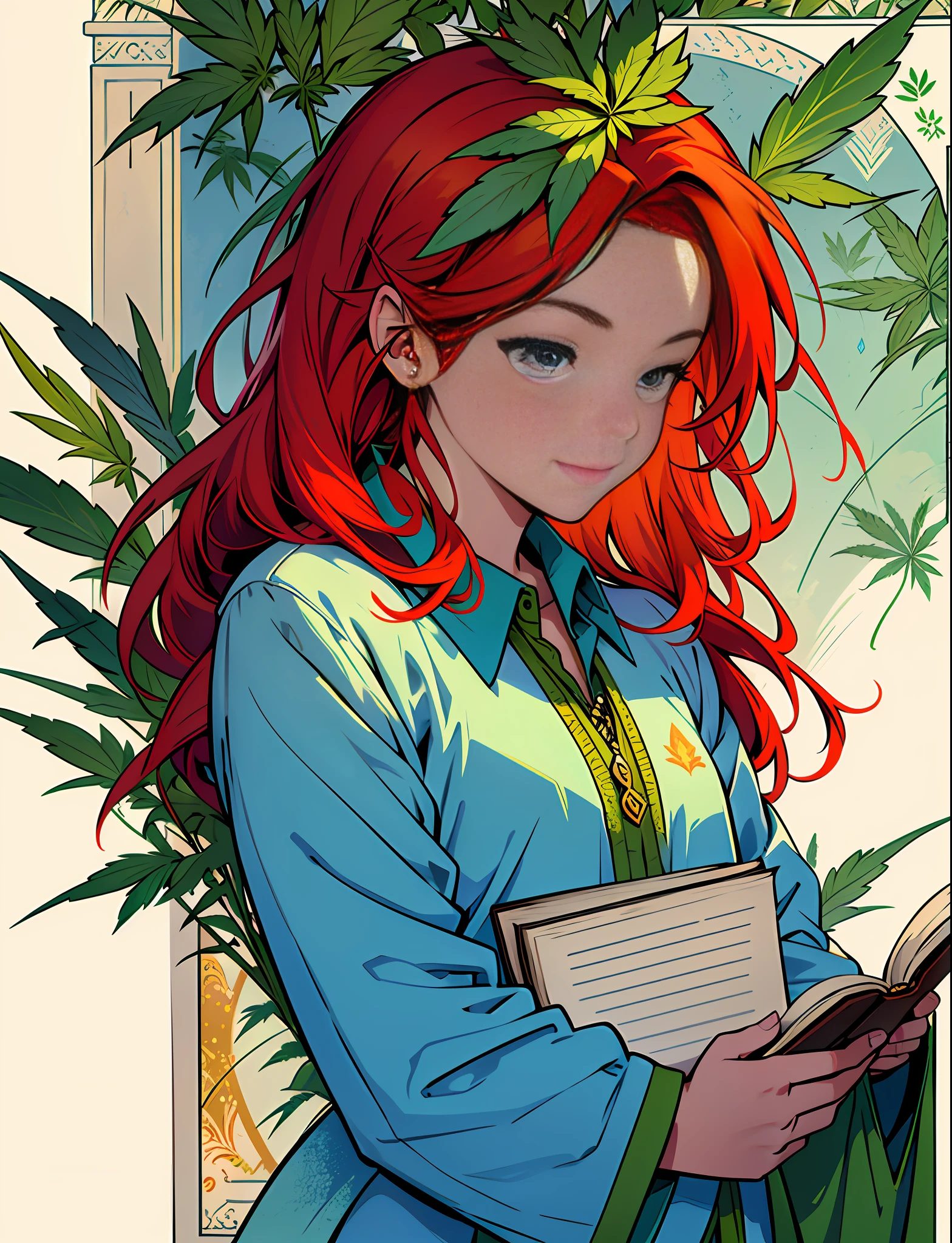 Close up closeup Hemp, leaf, marijuana, cannabis cone, ((illustration)), colorful, wallpaper, energy, secret, magical environment, magical environment, magic wand, books, pages flying in the sky, omniscience, prediction of the future, understanding the past, frost magic, spells, red hair, long hair, --v 6