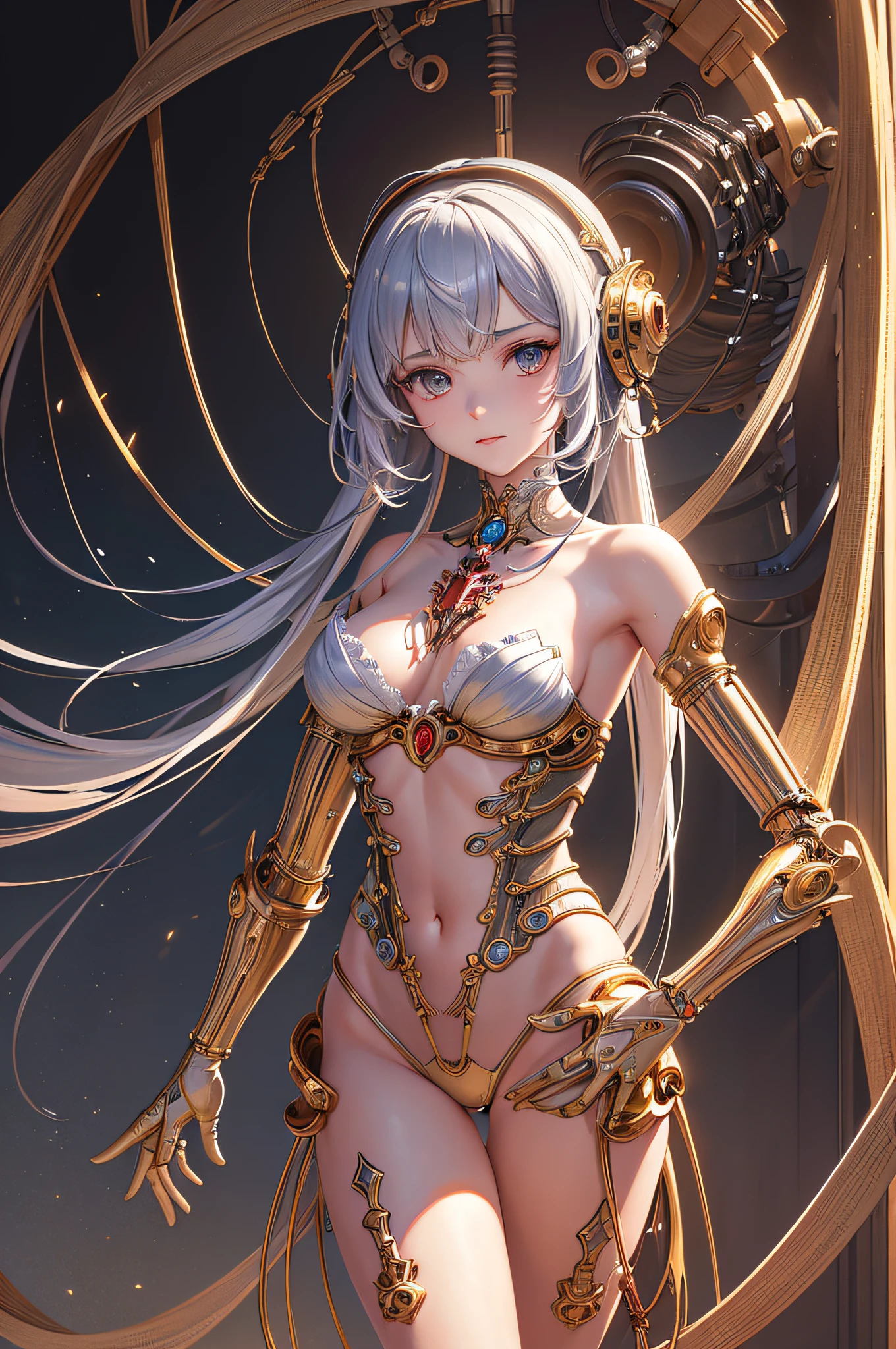 (((masterpiece))), (((best quality))), ((ultra-detailed)), (highly detailed CG illustration), ((an extremely delicate and beautiful)),cinematic light,((1mechanical girl)),solo,(cowboy shot:1.2),(machine made joints:1.2),((machanical limbs)),(blood vessels connected to tubes),(mechanical vertebra attaching to back),((mechanical cervial attaching to neck)),expressionless,(wires and cables attaching to neck:1.2),(wires and cables on head:1.2),(character focus),science fiction,extreme detailed,colorful,highest detailed, loongs,fengs,background,