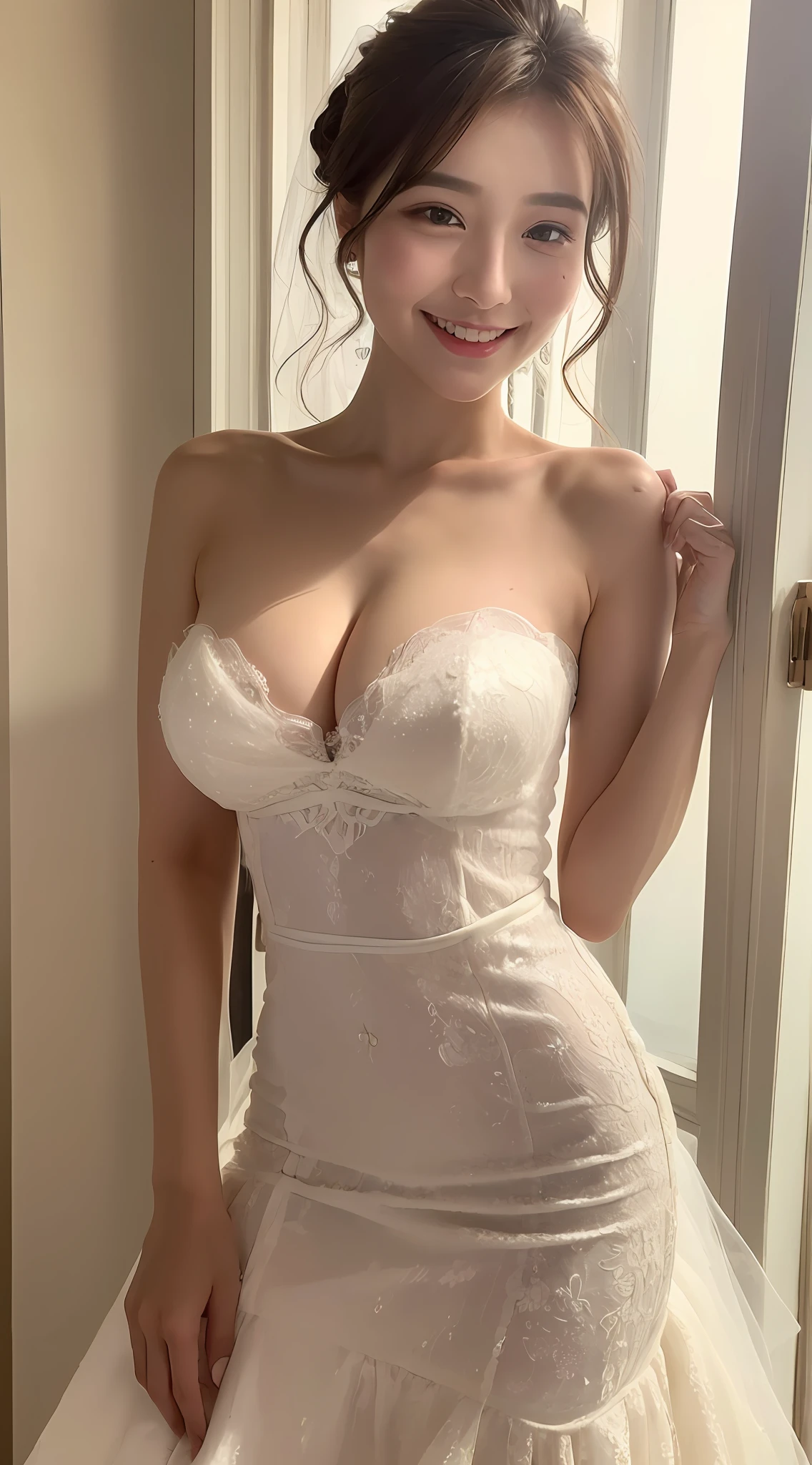 ((Best Quality, 8K, Masterpiece: 1.3)), 1girl, Perfect Body Beauty: 1.3, (Hairstyle Casual, Big Breasts: 1.2), Wedding Dress, Super Fine Face, Delicate Eyes, Double Eyelids, Smile