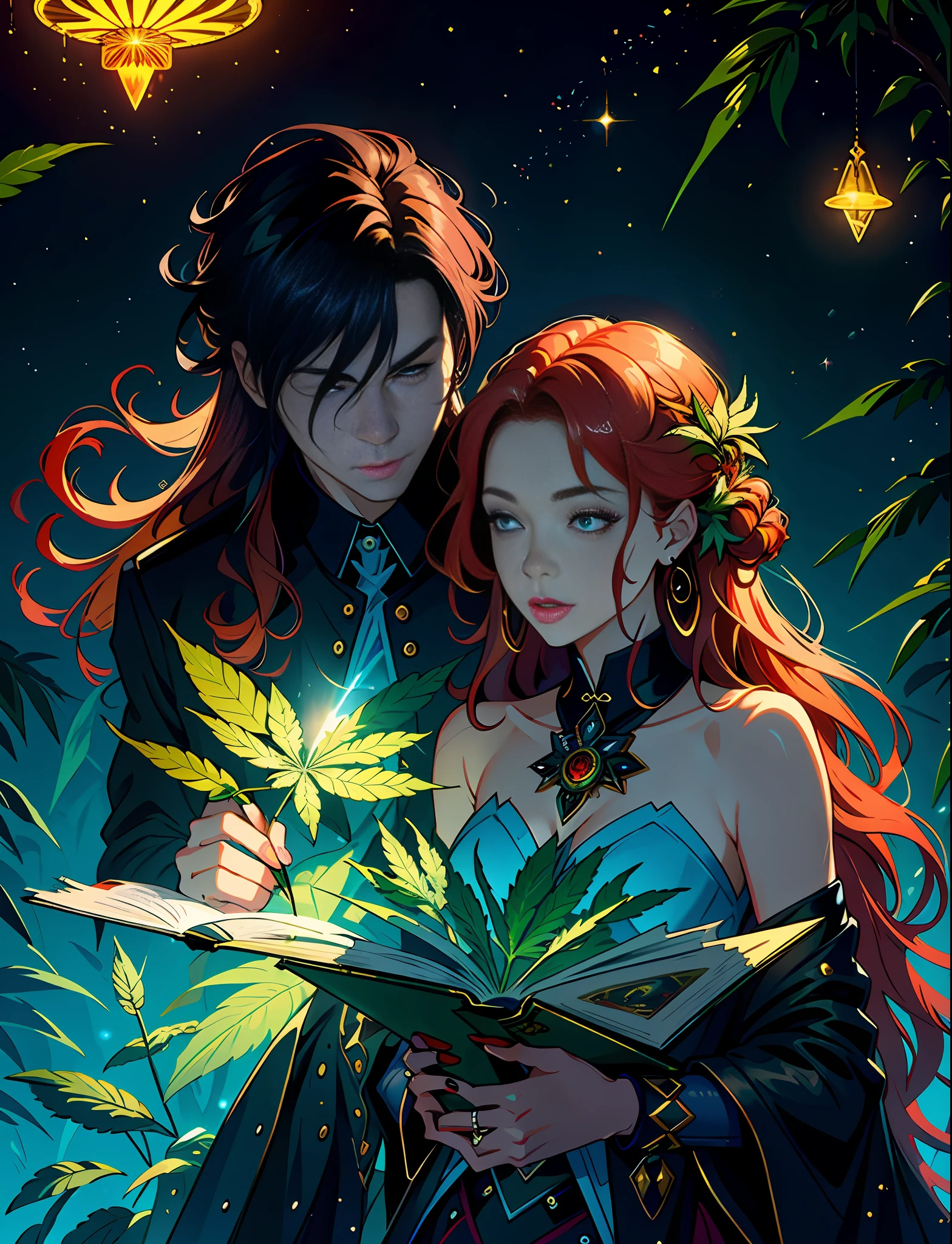 Close up Hemp, leaf, marijuana, cannabis cone, ((illustration)), colorful, wallpaper, energy, unknown horror, secret, magical environment, magical environment, magic wand, books, pages flying in the sky, omniscience, prediction of the future, understanding the past, frost magic, warlock, magic circle, pentagram, spells, chant magic, red hair, long hair, close-up of the most beautiful beautiful woman and man, stylish, fashionable, perfect, elegant tenderness, trendy artstation, Romance, Passion, Cool, Lovers, Lovers, Touch, Weasel from the galaxy of stars underwater, Hyperdetailed, Retrofuturistic, Abstract art, Art by Leonid Afremov, Kandinsky, Psychedelic --v 6