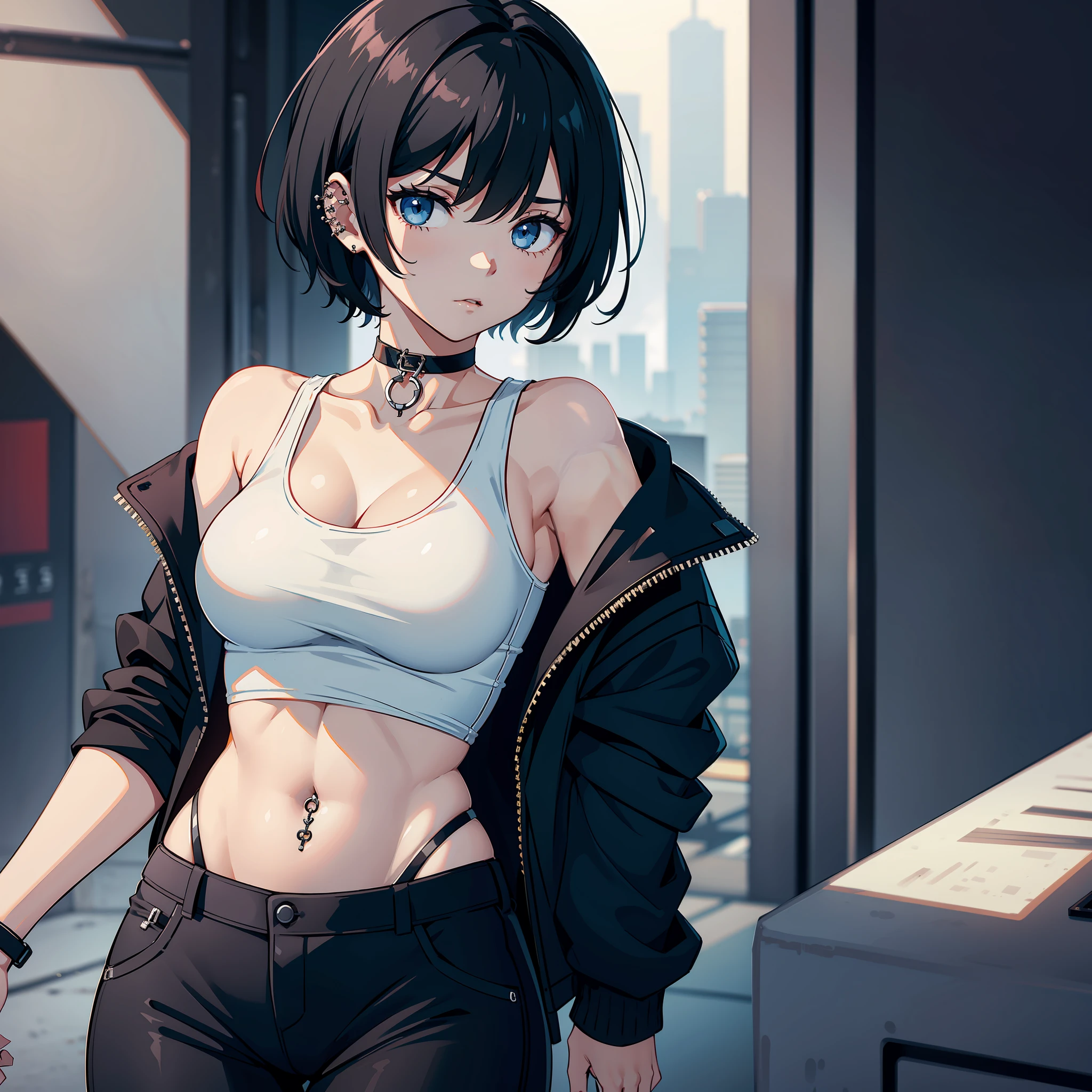 solo female, medium breasts, white tank top, black pants, black jacket, choker, short black hair, goth, navel piercing