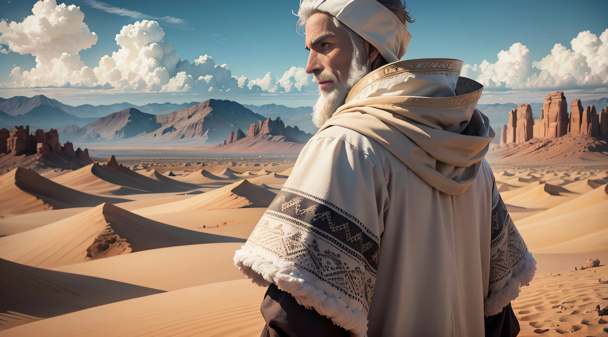 generate an image of a man dressed in sheep's clothes in the desert between two mountains, 4K, 1080P Generate an image of John, with the face but old without the wings on the back the heavenly messenger, with a serene expression and dressed in white robes, radiating divine light. --auto --s2